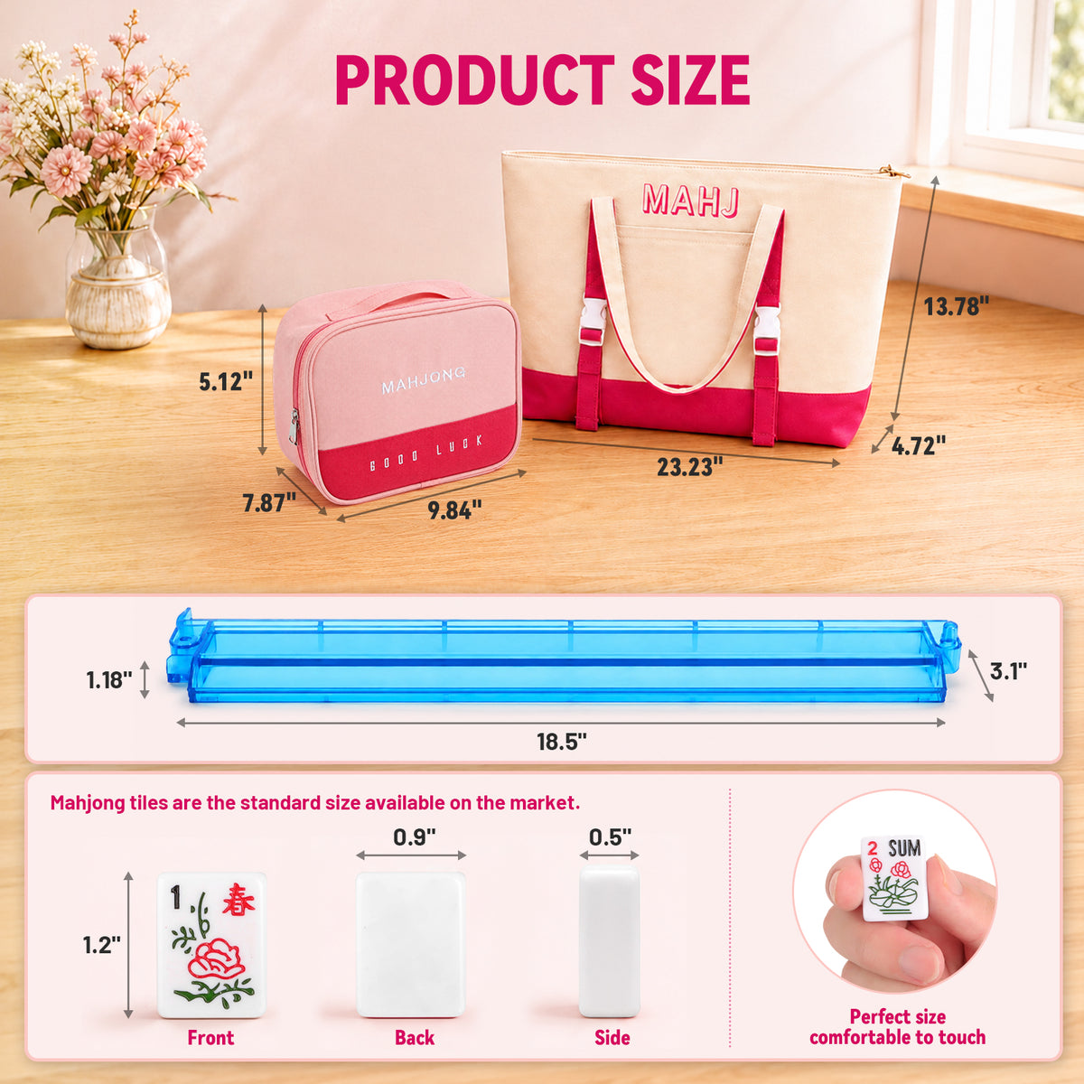 American Mahjong Set, 166 White Tiles 4 All-in-One Color Rack/Pushers Mahjong Tiles Set, Complete Travel Mahjong Set with Pink Carrying Bag