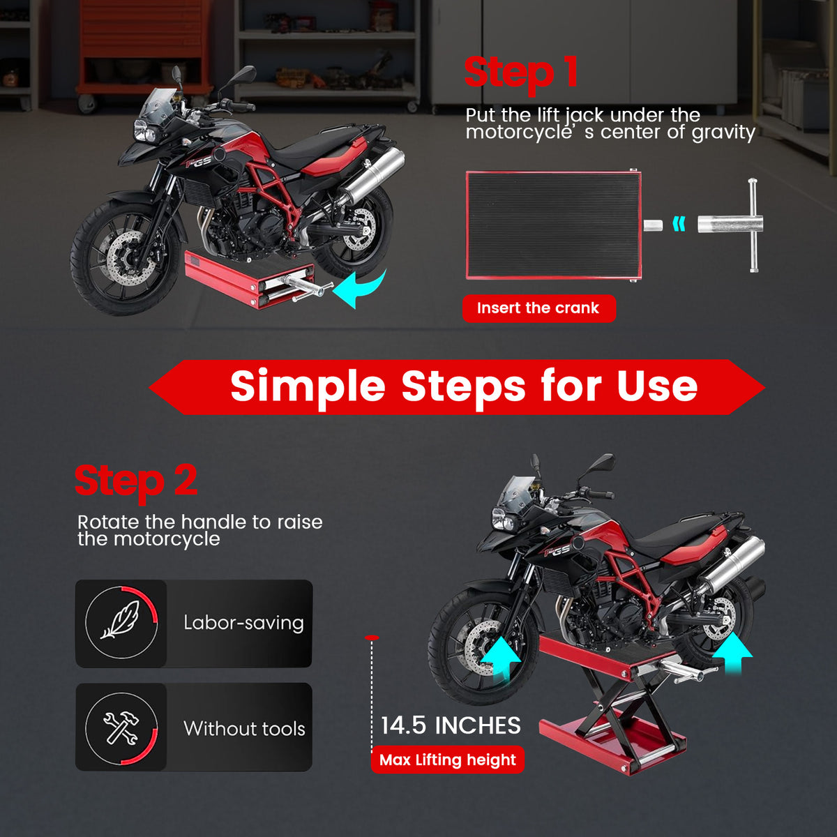 Lafati Motorcycle Lift, 1100 LBS Motorcycle Scissor Lift Jack with Wide Deck & Safety Pin, 3.7"-13.8" Center Hoist Crank Stand, Steel Scissor Jack for Street Bikes, Cruiser Bikes, Touring Motorcycles