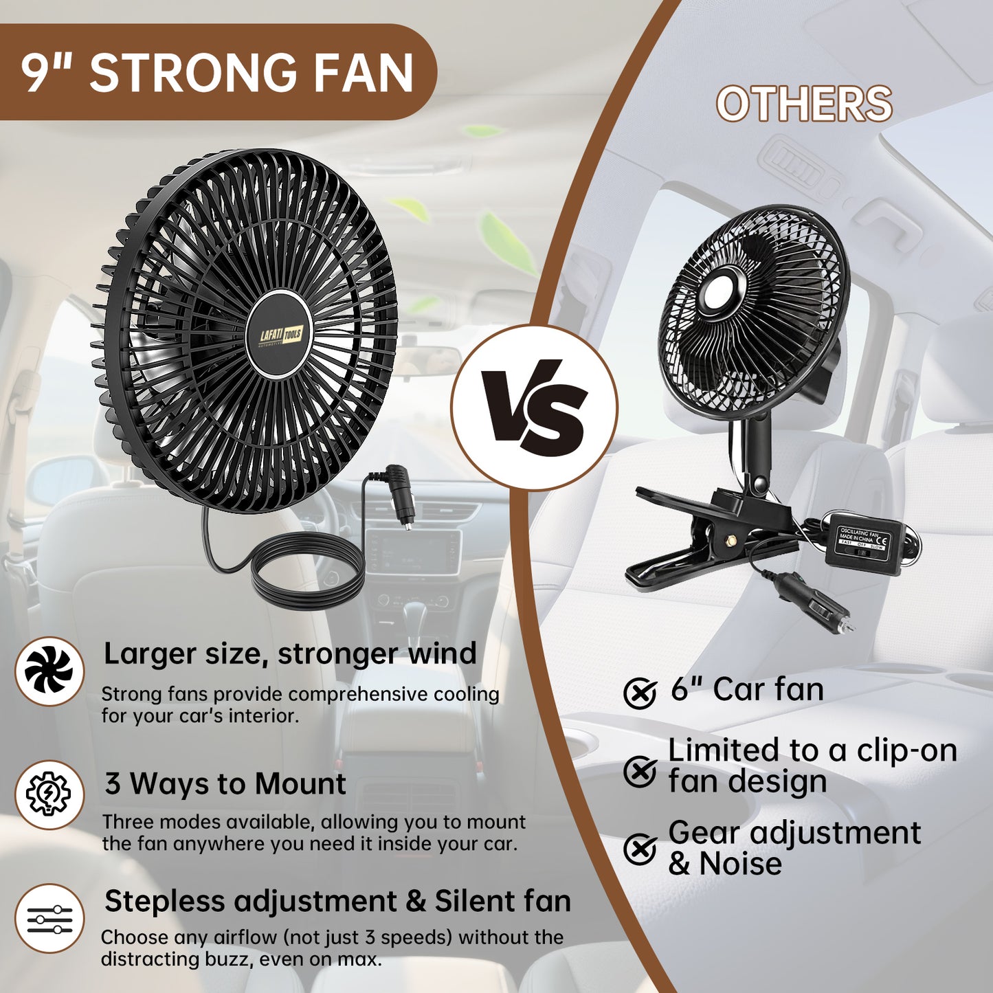 9 Inch Portable Car Fan, Lafati 12V Universal Electric Vehicle Fan with Stepless Speed Control, 3-in-1 Headrest Mount & Clip, 360° Rotation Quiet Cooling for Car SUV RV Van Sedan