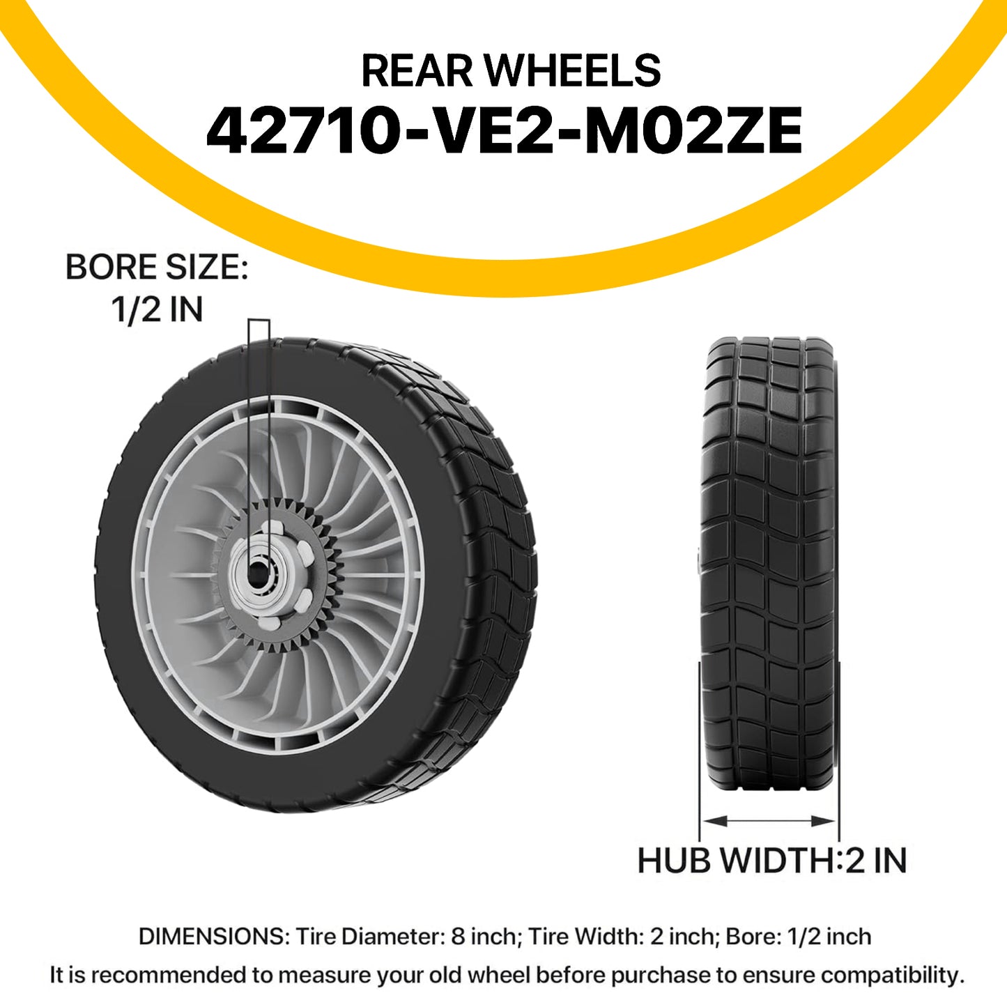 HRR216 Lawn Mower Drive Wheels Kit-2 Pcs 8" Rear Wheels 42710-VE2-M02ZE Replace for Honda HRR216 HRS216 HRT216 Walk-behind Lawn Mower