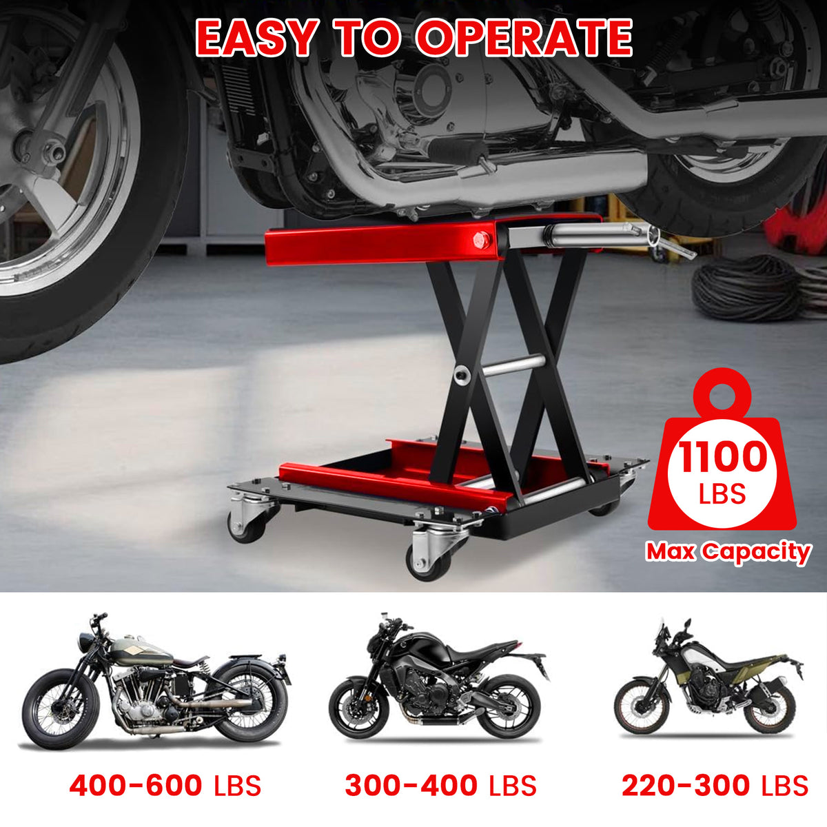 Lafati 1100 LBS Steel Motorcycle & ATV Scissor Lift Jack with Dolly - Heavy-Duty Bike Repair Stand