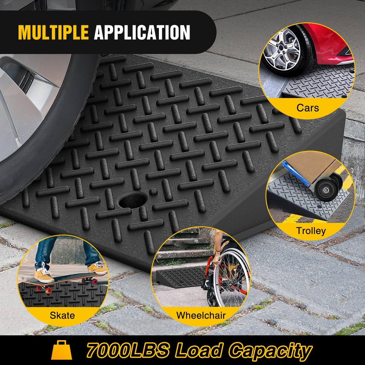 Rubber Car Curb Ramps, 5" Rise Height Heavy Duty Rubber Threshold Ramp, Portable Driveway Ramps for Cars Wheelchairs Scooter Lawn Mower, 7000lbs Load Capacity, 2 Pack