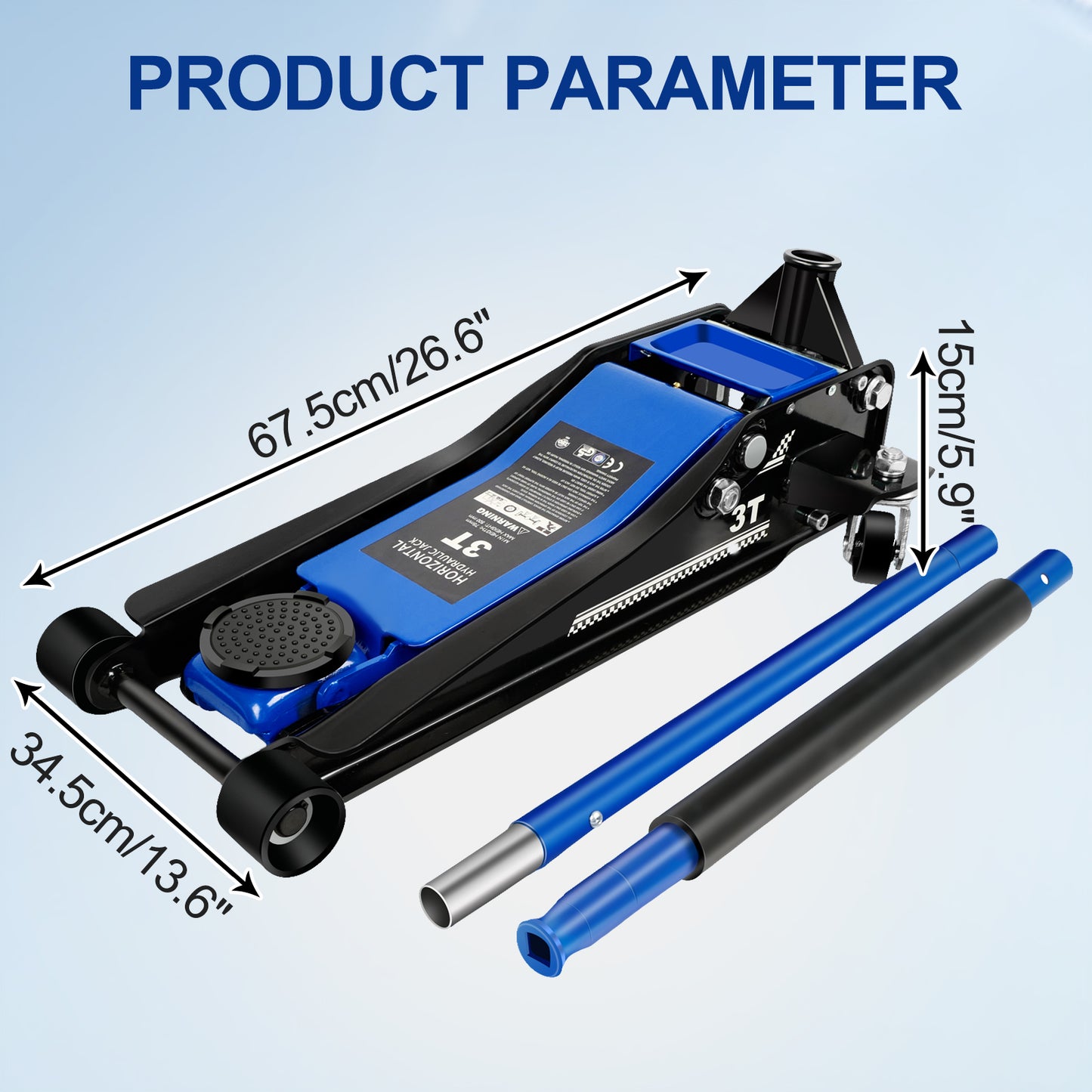 3 Ton / 6600 lbs Low Profile Floor Jack, Dual Piston Quick Lift Pump, 75mm-460mm Lifting Range, Heavy-Duty Steel with 360° Rubber Saddle and Foam Handle - Blue