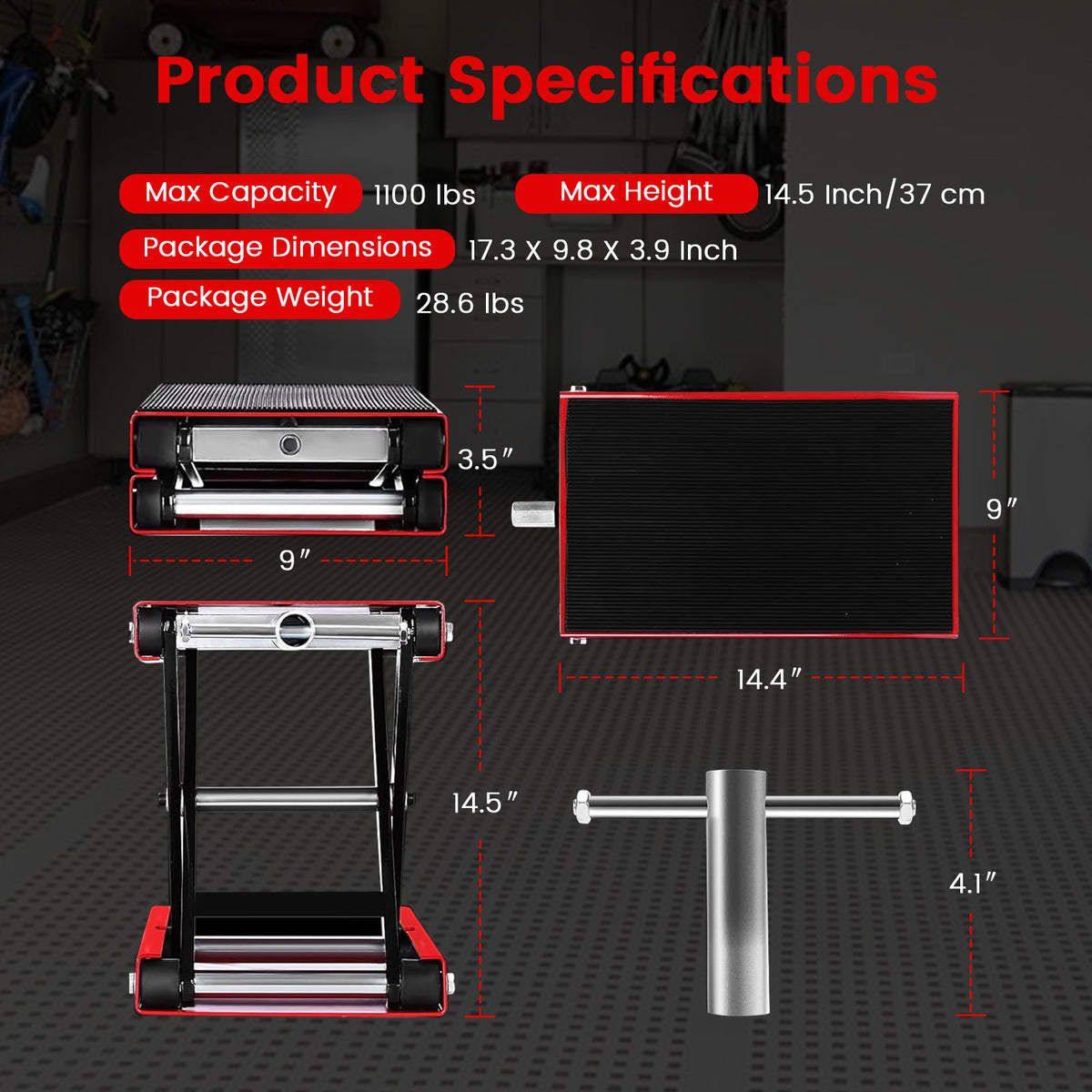 Lafati Motorcycle Lift, 1100 LBS Motorcycle Scissor Lift Jack with Wide Deck & Safety Pin, 3.7"-13.8" Center Hoist Crank Stand, Steel Scissor Jack for Street Bikes, Cruiser Bikes, Touring Motorcycles