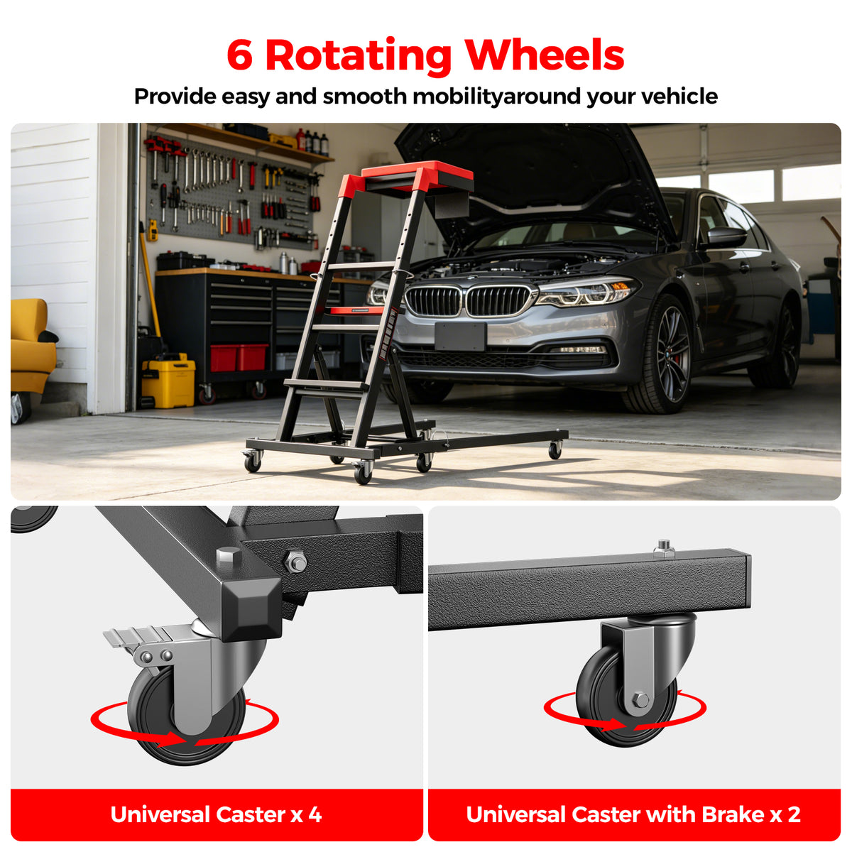 Foldable Topside Creeper, Automotive Engine Creeper with 45”-66” Adjustable Height, 400LBS Capacity High Top Automotive Creeper with 4 Swivel Caster Wheels and Cushions for Garage, Shop, Auto Repair