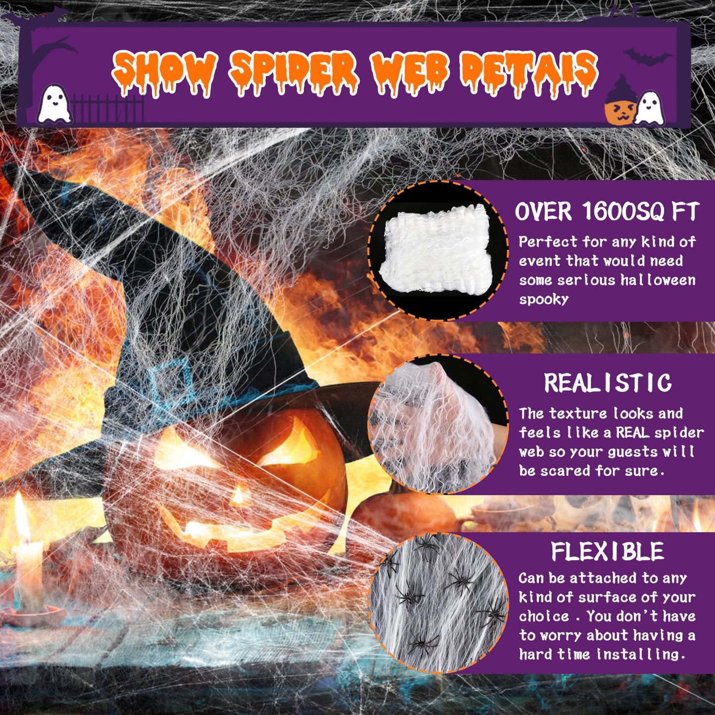 1300 square feet Halloween spider web decoration, including 50 fake spiders, super strong elastic spider web, suitable for Halloween indoor and outdoor decoration.