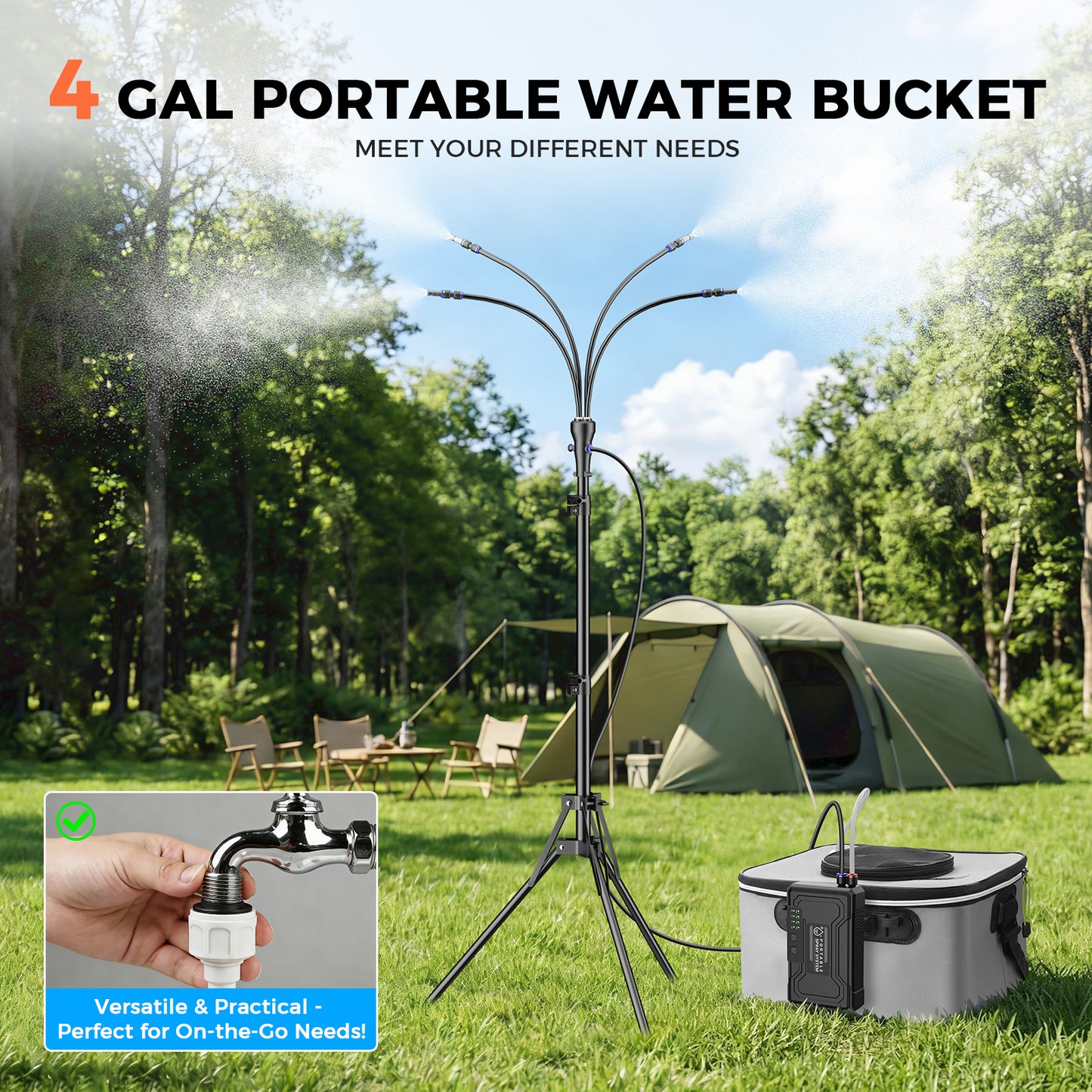 Standing Misters for Outside Patio, 4Gal Portable Bucket with 10000mAh Water Cooling Misters Set – 4FT Adjustable Height for Outdoor, Beach, Pool, Water Playing, Sprinkler, Camping