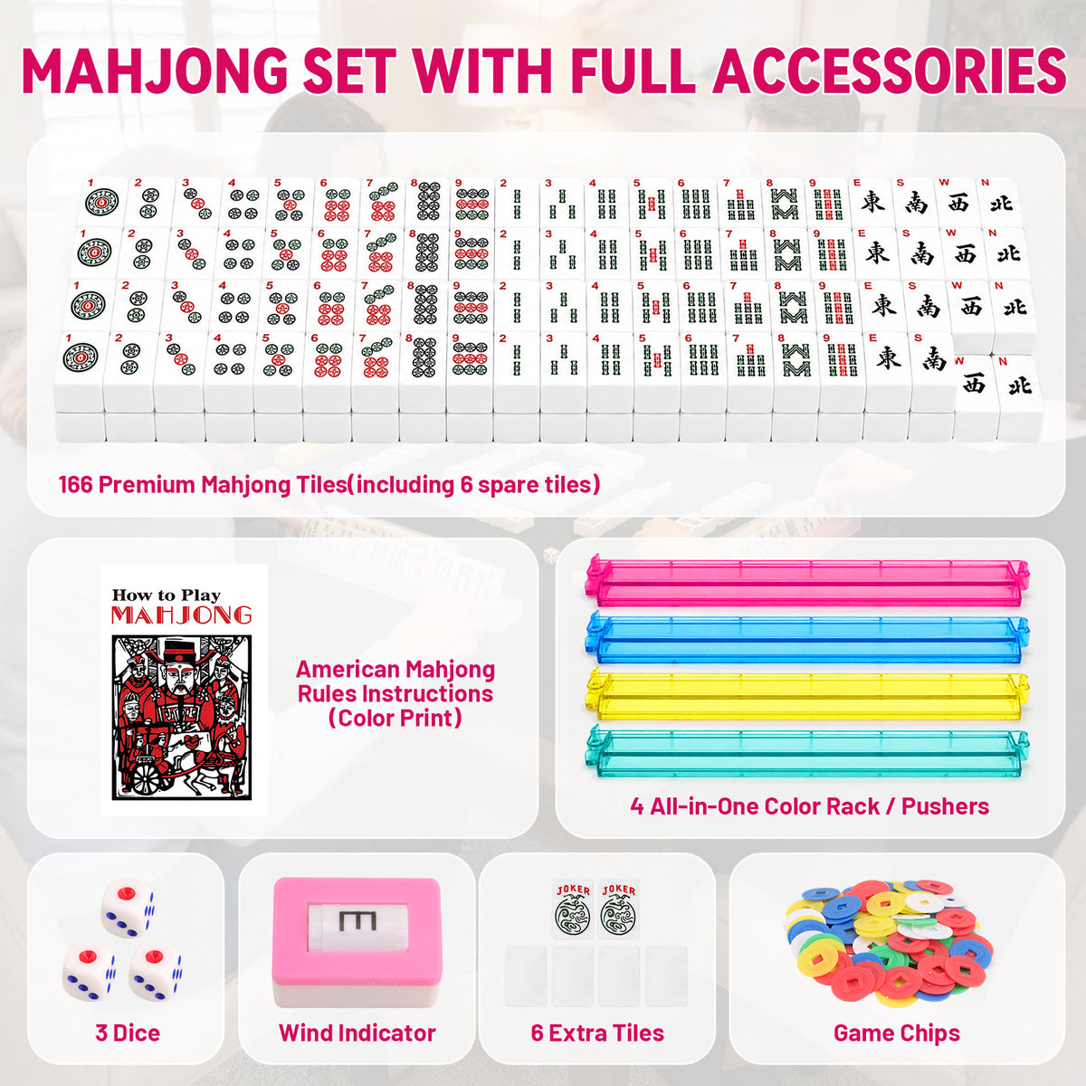 American Mahjong Set, 166 White Tiles 4 All-in-One Color Rack/Pushers Mahjong Tiles Set, Complete Travel Mahjong Set with Pink Carrying Bag