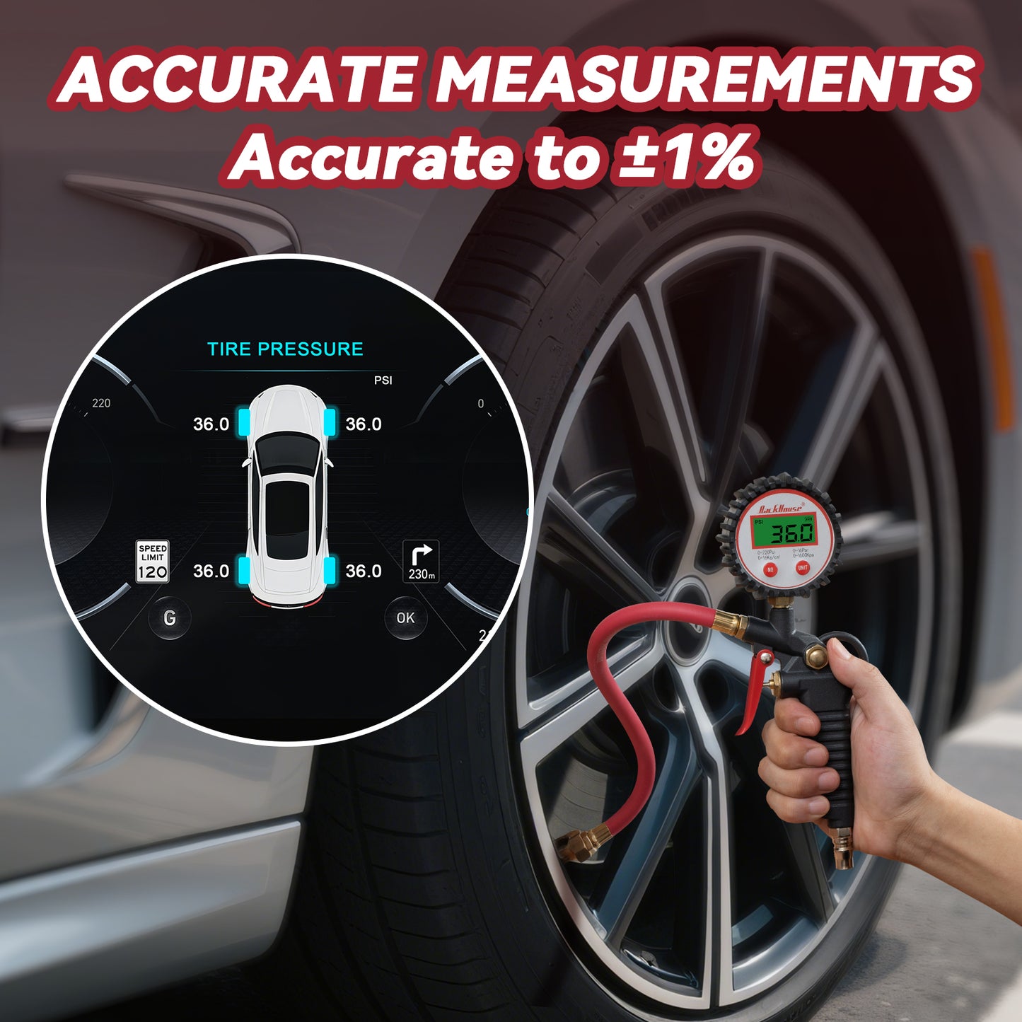 Digital Tire Pressure Gauge with Inflator, 3-250 PSI Air Chuck & Compressor Accessories Heavy Duty with Quick Connect Coupler, 0.1 Display Resolution, 1pack
