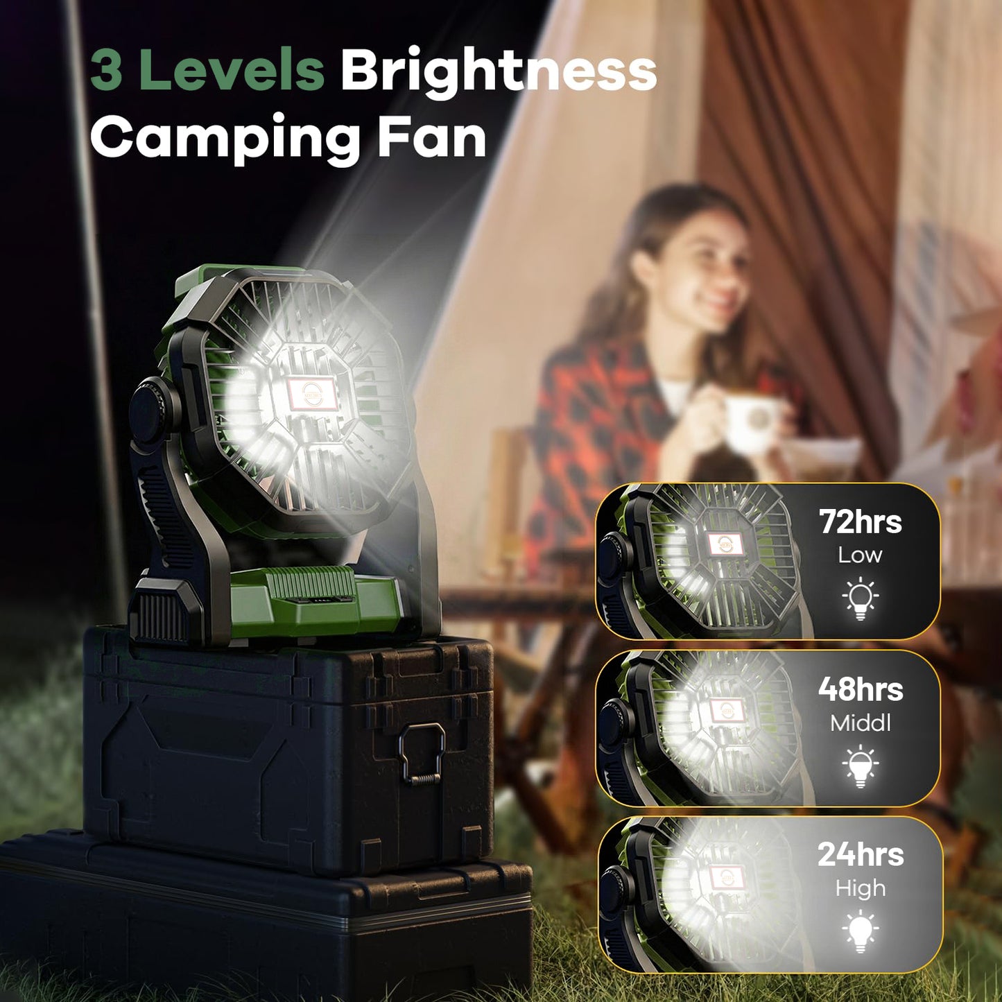 20,000mAh Portable Camping Fan with LED Lantern, Rechargeable Battery Operated Outdoor Fan, 4 Speeds, 270° Rotation, Power Bank Function for Tent, Hiking, Fishing, Emergency, Sports & Game Day, Green