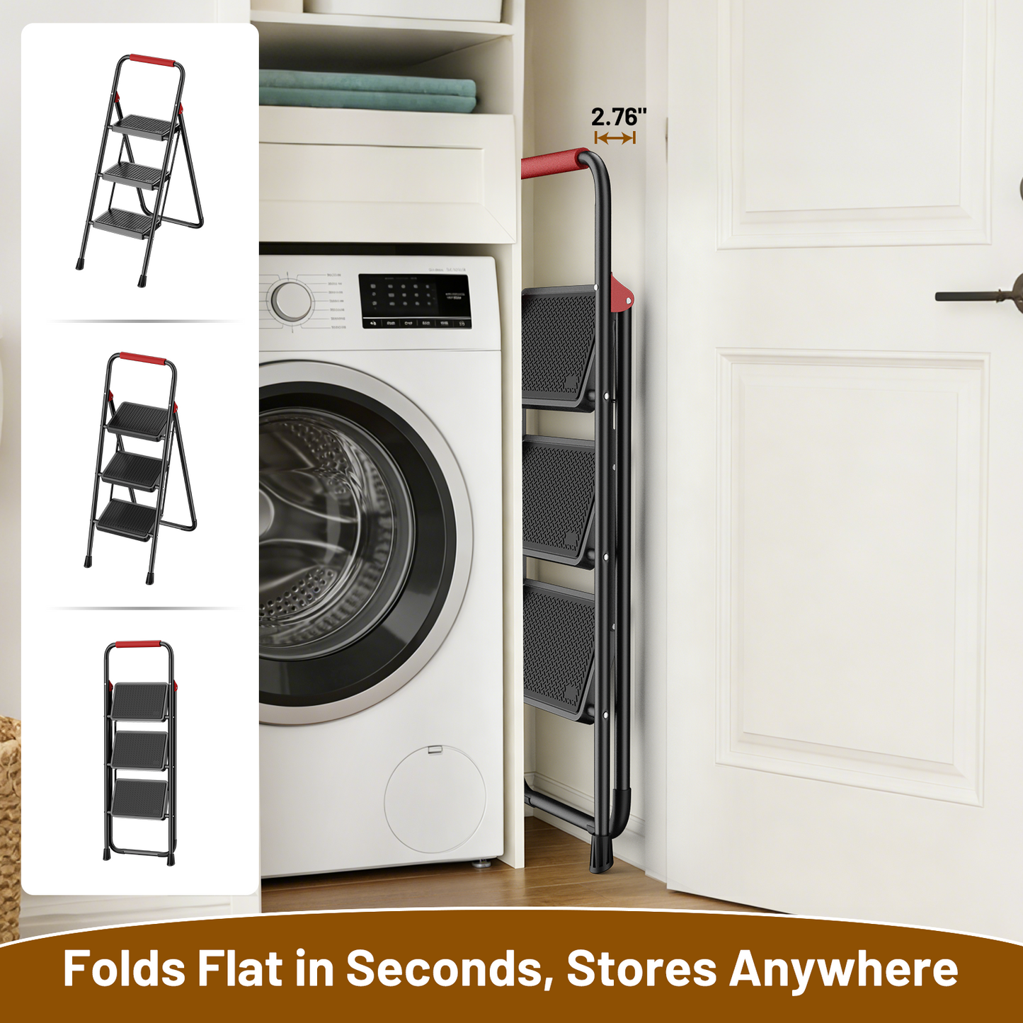 Lafati 3 Step Folding Step Stool for Adults, Heavy Duty Steel Ladder with Anti-Slip Pedals & Auto-Lock, 330 lbs Capacity, Space Saving for Kitchen, Bathroom, Closet