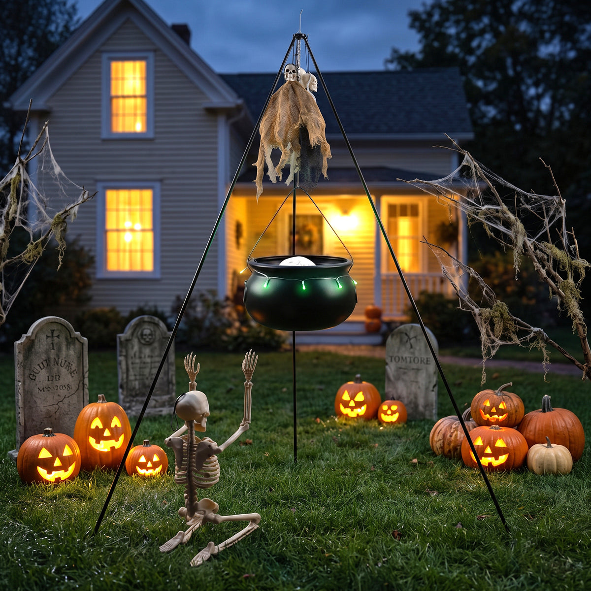 Halloween Decorations Bundle - 130cm/51.2" Tall Witches Cauldron, 3pcs Hanging Ghosts, 60cm Skeleton, Skull Ornament, 3 Ground Stakes, 4 Hooks - Indoor Outdoor Yard Porch Lawn Party Supplies