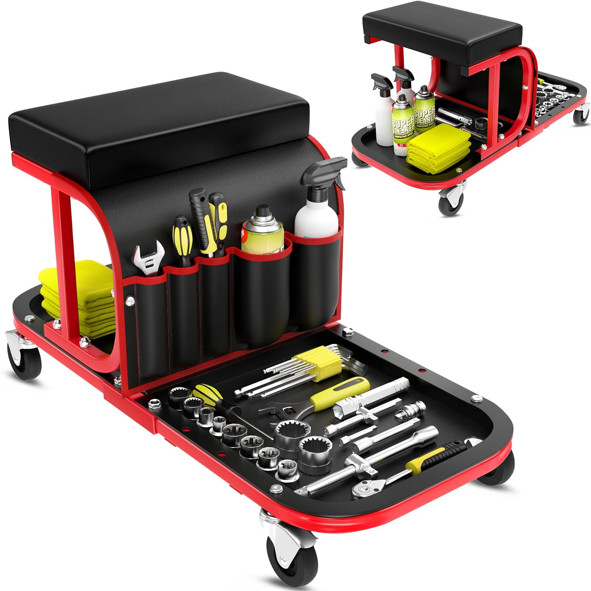 Lafati Rolling Shop Stool with Wheels – 300 lbs Capacity Mechanic Garage Stool, Auto Detailing Seat with Tool Bag & Tray, 6 Swivel Wheels + 2 Replacements, Red