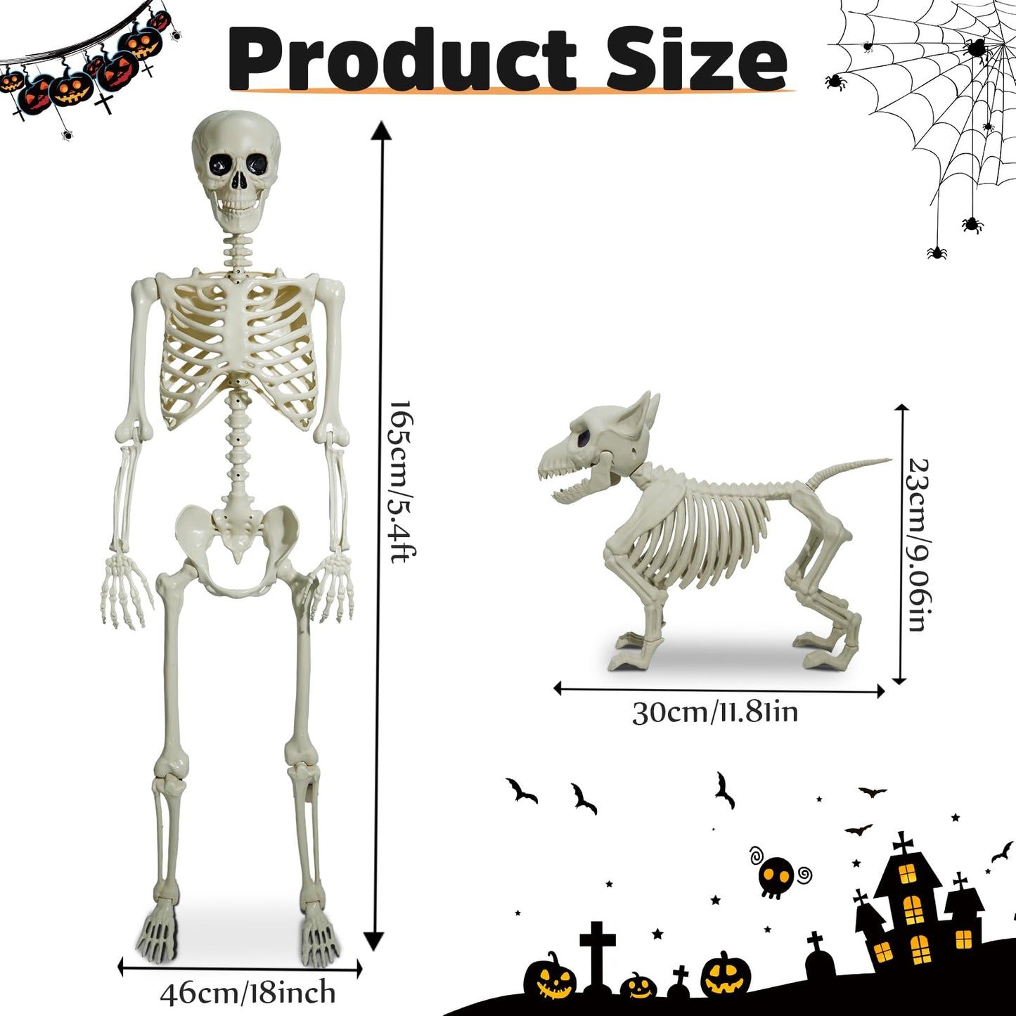 Weswose Life Size Skeleton, 5.4Ft Halloween Skeleton Full Size, Halloween Skeleton Decorations, Posable Skeleton with Movable Joints for Halloween Indoor Outdoor