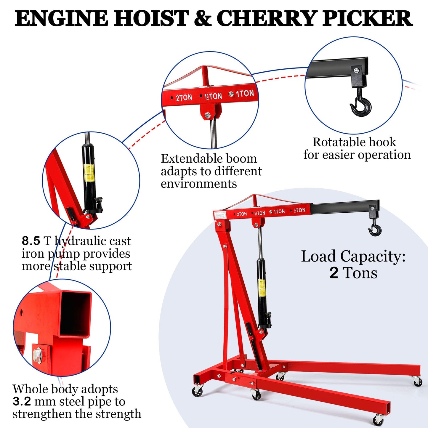 Lafati 2-Ton (4,000 lbs) Heavy-Duty Folding Hydraulic Motor Engine Hoist Crane Jack, Cherry Picker Hickened Steel Air Hydraulic Truck Shop Crane with Hitch