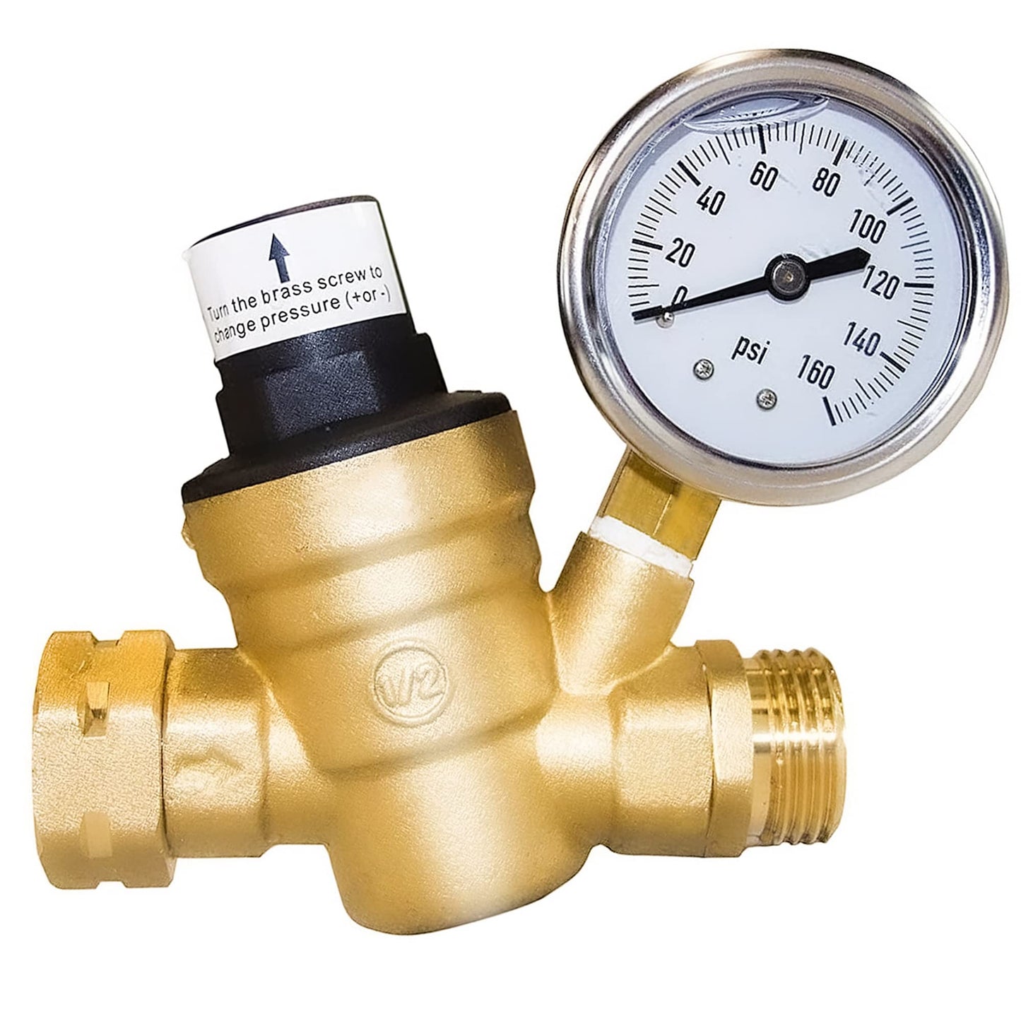 Water Pressure Regulator Valve, RV Brass with Gauge and Inlet Screened Filter for Camper Trailer