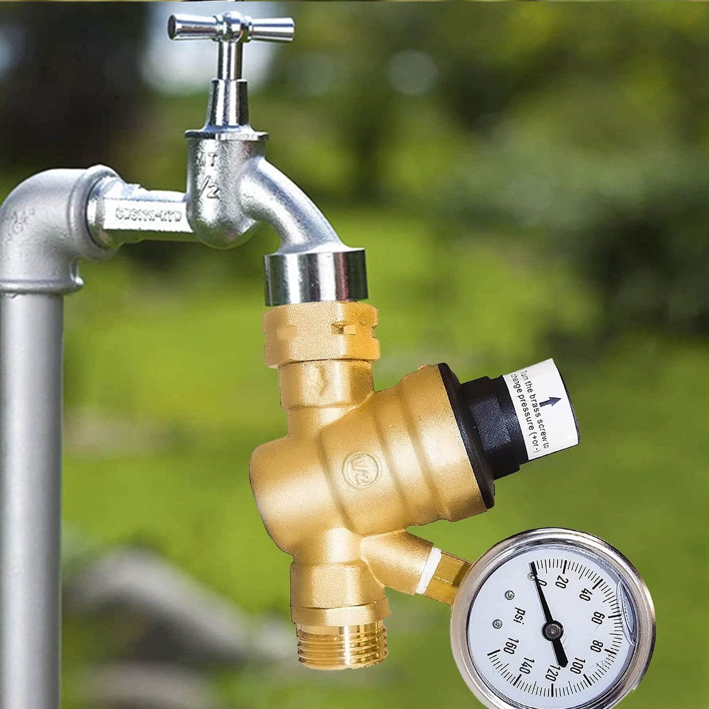 Water Pressure Regulator Valve, RV Brass with Gauge and Inlet Screened Filter for Camper Trailer