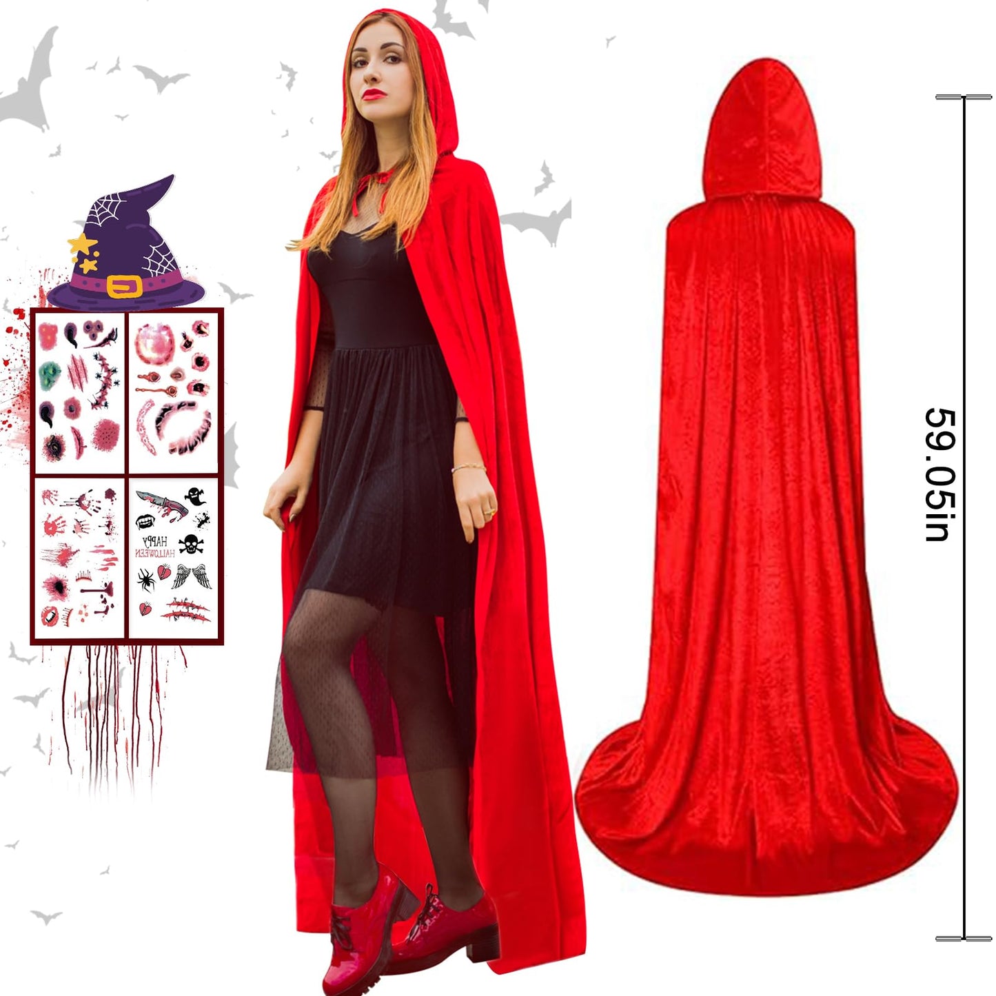 Unisex Adults Hooded Cloak Cape, Red Velvet Cloak Witch Capes Robe for Women Men Halloween Costumes Christmas Cosplay Vampire Wizard(1.5Meters/59Inch)