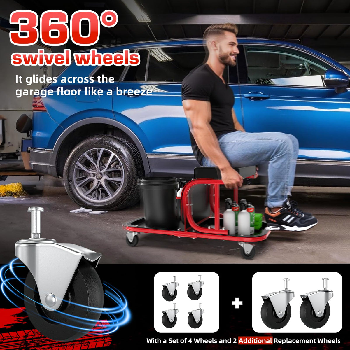 Lafati Rolling Shop Stool with Wheels – 300 lbs Capacity Mechanic Garage Stool, Auto Detailing Seat with Tool Bag & Tray, 6 Swivel Wheels + 2 Replacements, Red