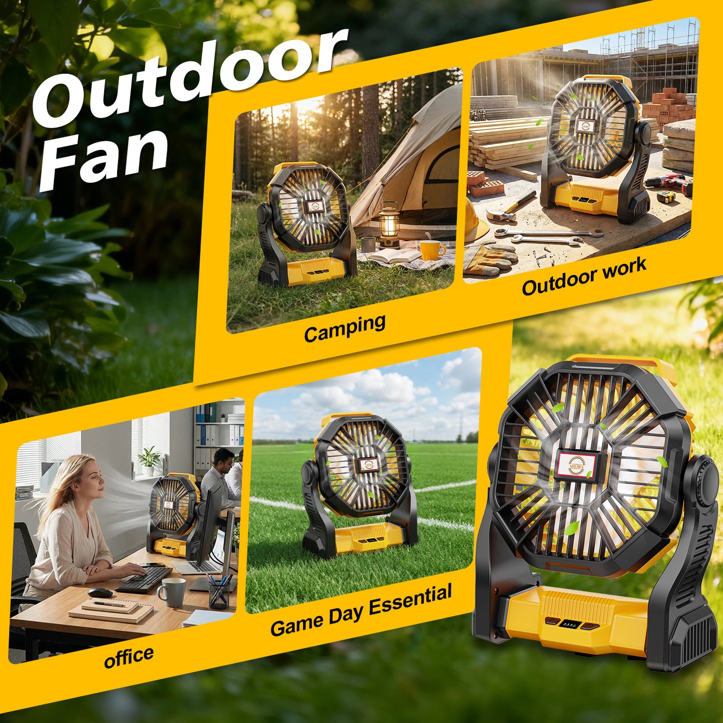 Camping Fan with LED Lantern, 20000mAh Portable Battery Operated Outdoor Fan, Personal Rechargeable Fan for Travel, Hiking, Fishing, Picnic（yellow）