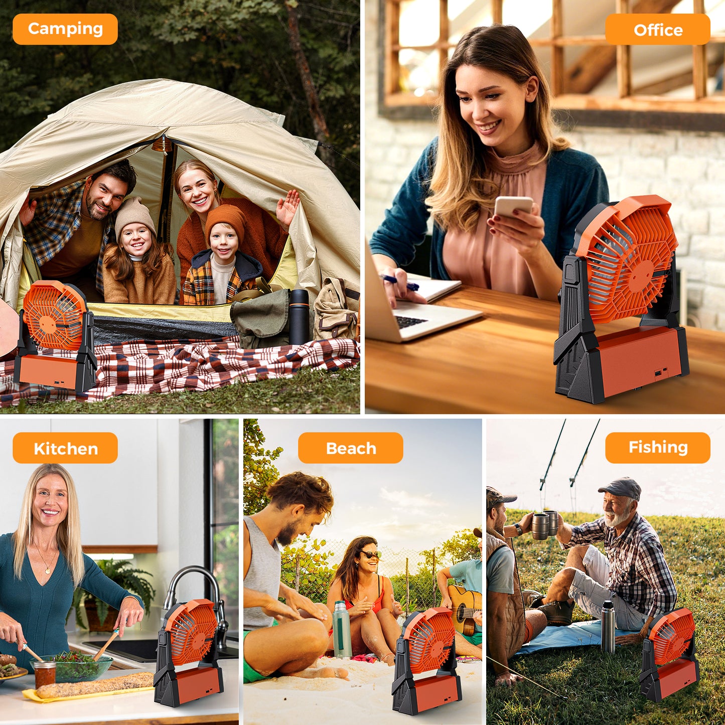 Portable Camping Fan Rechargeable with 4 Lights, 11000mAh Battery Operated Fans, Outdoor Beach Tent Fan, 4 Speed, 4 Timer, Adjustable Rotation for Picnic, Barbecue, Fishing, Home