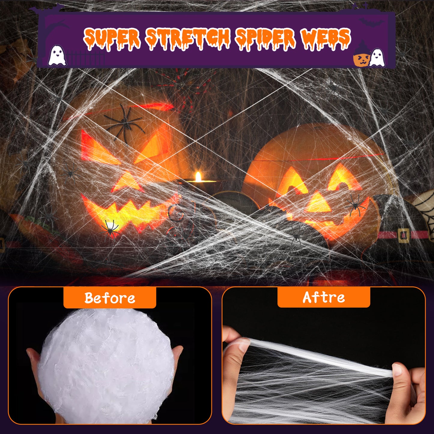 1300 square feet Halloween spider web decoration, including 50 fake spiders, super strong elastic spider web, suitable for Halloween indoor and outdoor decoration.