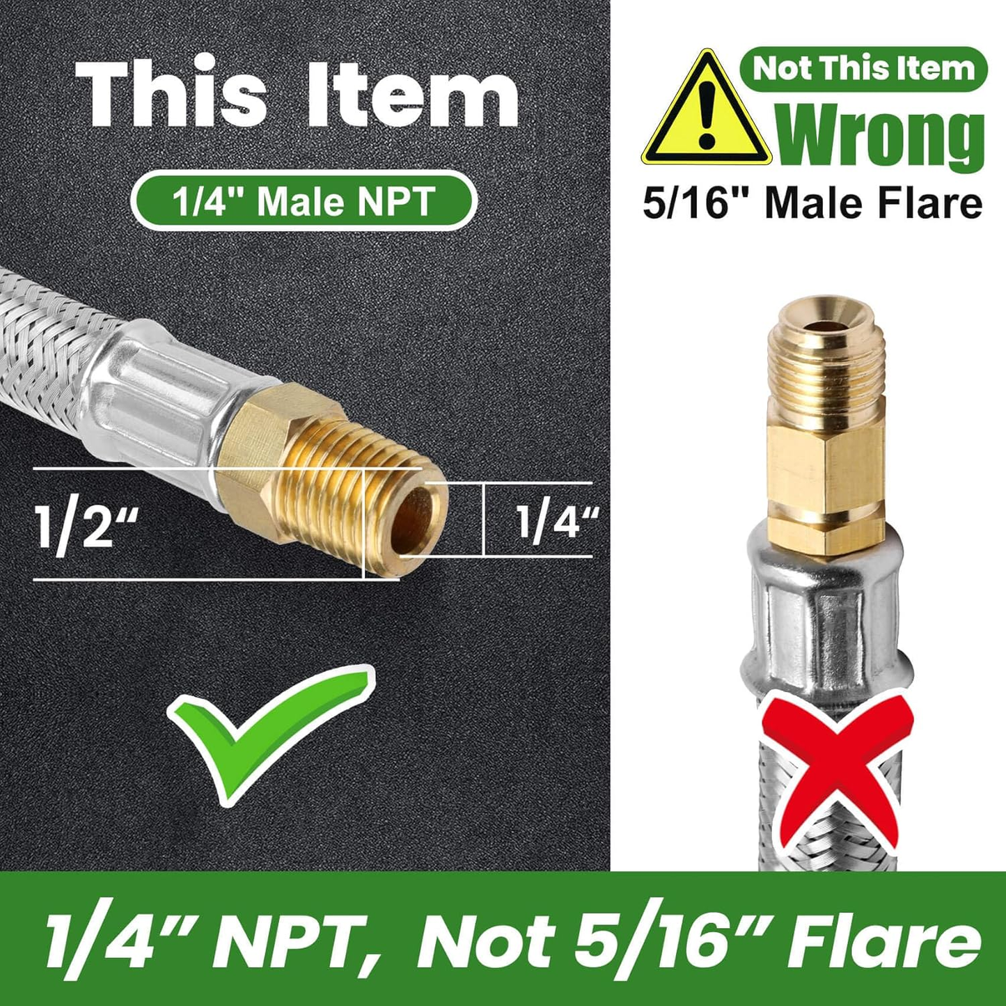 18 Inch RV Propane Hoses with Gauge, Camper Propane Hose with Gauge Stainless Steel Braided, 1/4" Male, 40Lb 250PSI, NPT x QCC1 Fittings (2 Pack)