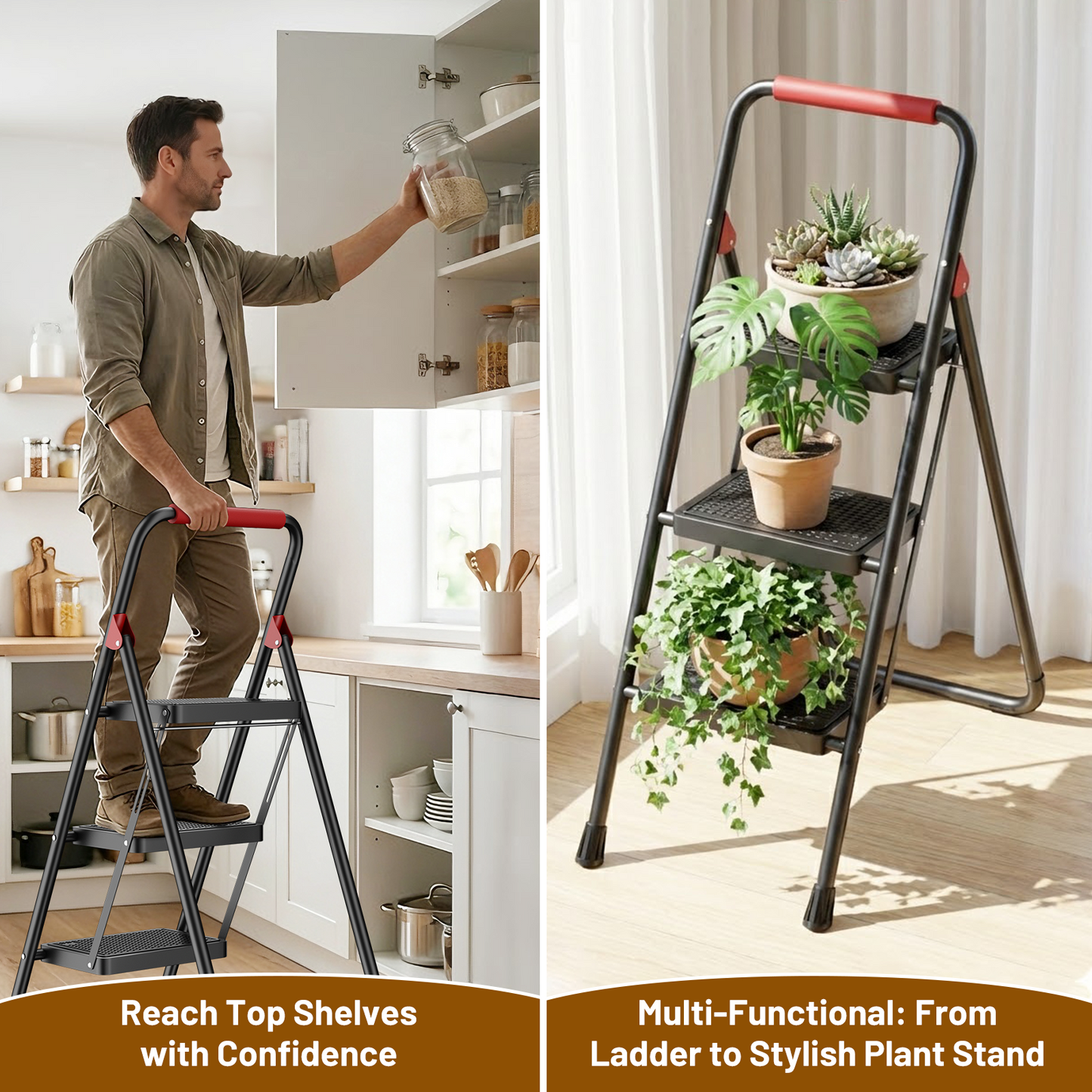 Lafati 3 Step Folding Step Stool for Adults, Heavy Duty Steel Ladder with Anti-Slip Pedals & Auto-Lock, 330 lbs Capacity, Space Saving for Kitchen, Bathroom, Closet