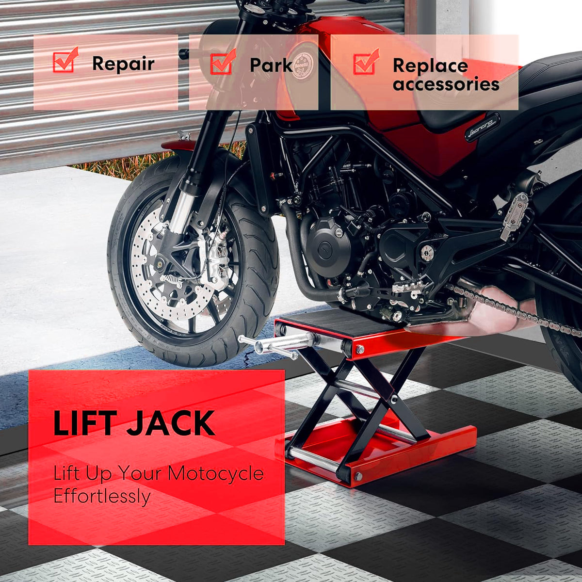 Lafati Motorcycle Lift, 1100 LBS Motorcycle Scissor Lift Jack with Wide Deck & Safety Pin, 3.7"-13.8" Center Hoist Crank Stand, Steel Scissor Jack for Street Bikes, Cruiser Bikes, Touring Motorcycles