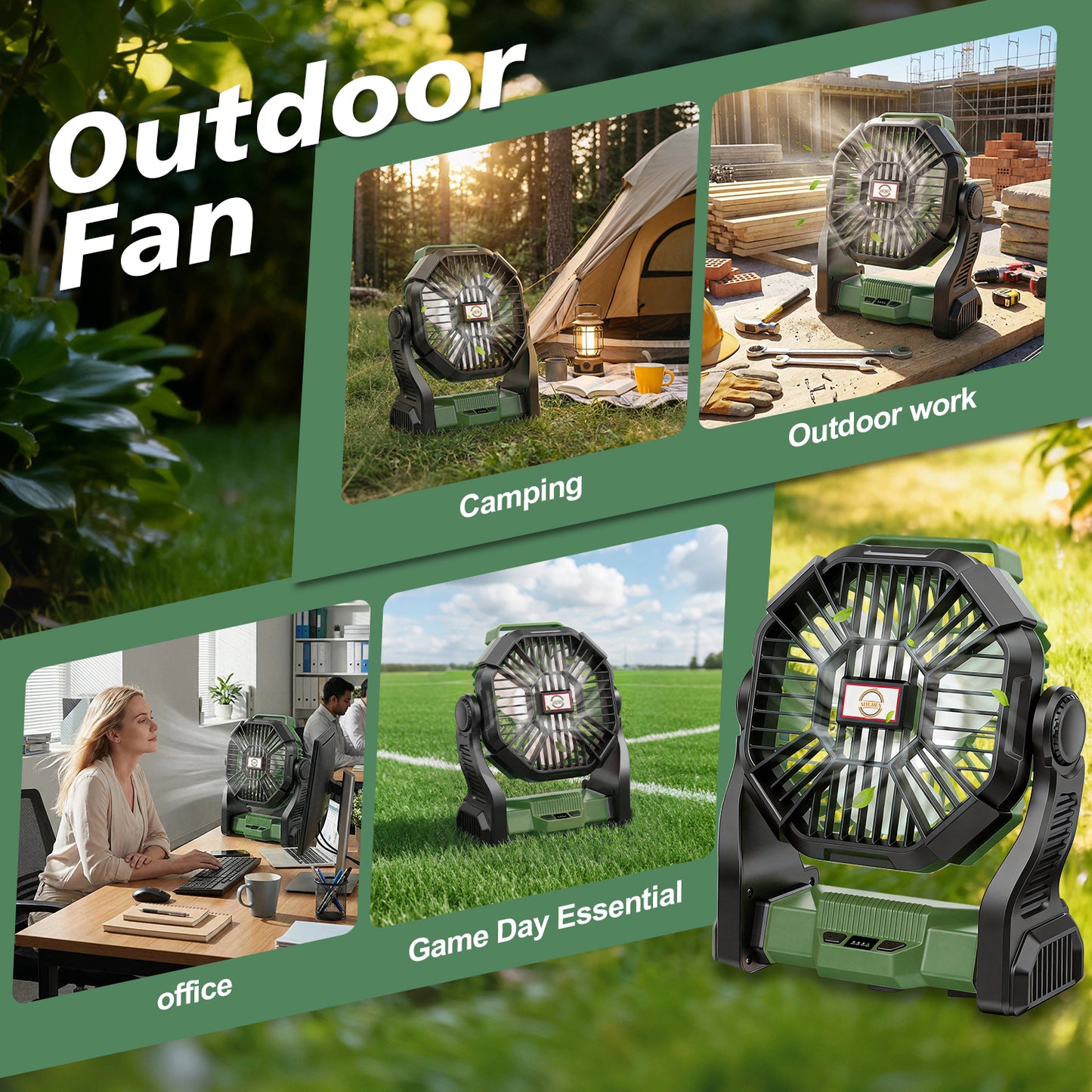 20,000mAh Portable Camping Fan with LED Lantern, Rechargeable Battery Operated Outdoor Fan, 4 Speeds, 270° Rotation, Power Bank Function for Tent, Hiking, Fishing, Emergency, Sports & Game Day, Green