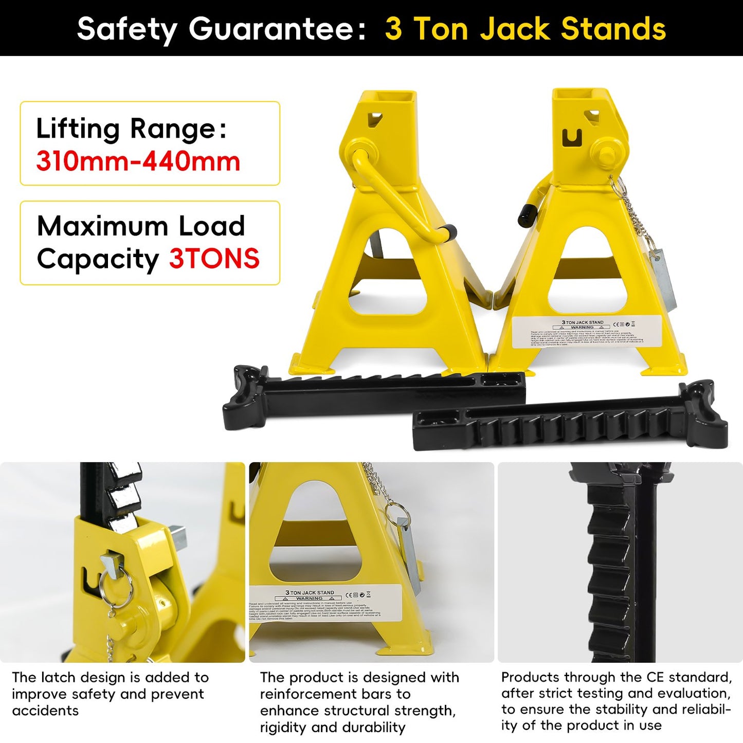 2.25 Ton Hydraulic Floor Jack Set , 3 Ton Jack Stands, Tire Repair Kit - Low Profile Service Jack with 4960 LB Capacity, Yellow, Double Locking Pins, Universal Wheels, and European Certification