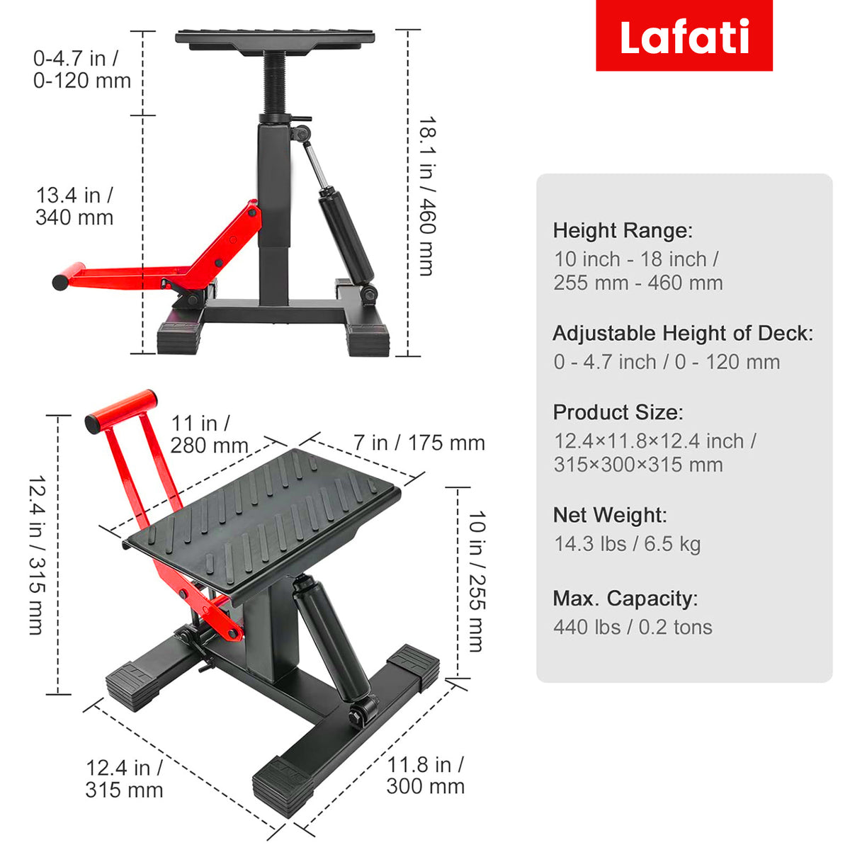 LAFATI 440 lbs Hydraulic Dirt Bike Lift Stand - Adjustable Motorcycle Jack for Repair & Maintenance