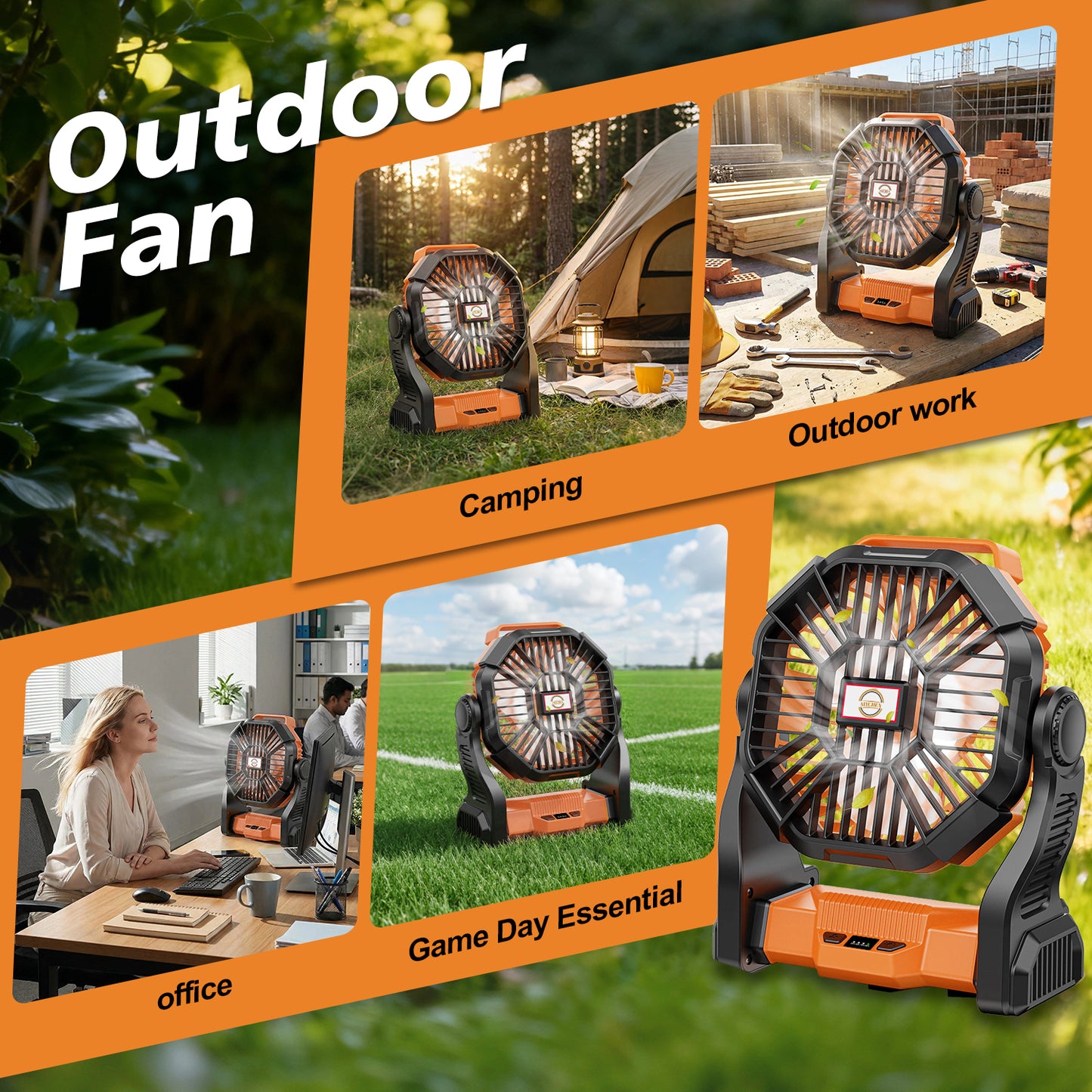 Camping Fan with LED Lantern, 20000mAh Portable Battery Operated Outdoor Fan, Personal Rechargeable Fan for Travel, Hiking, Fishing, Picnic（Orange1）