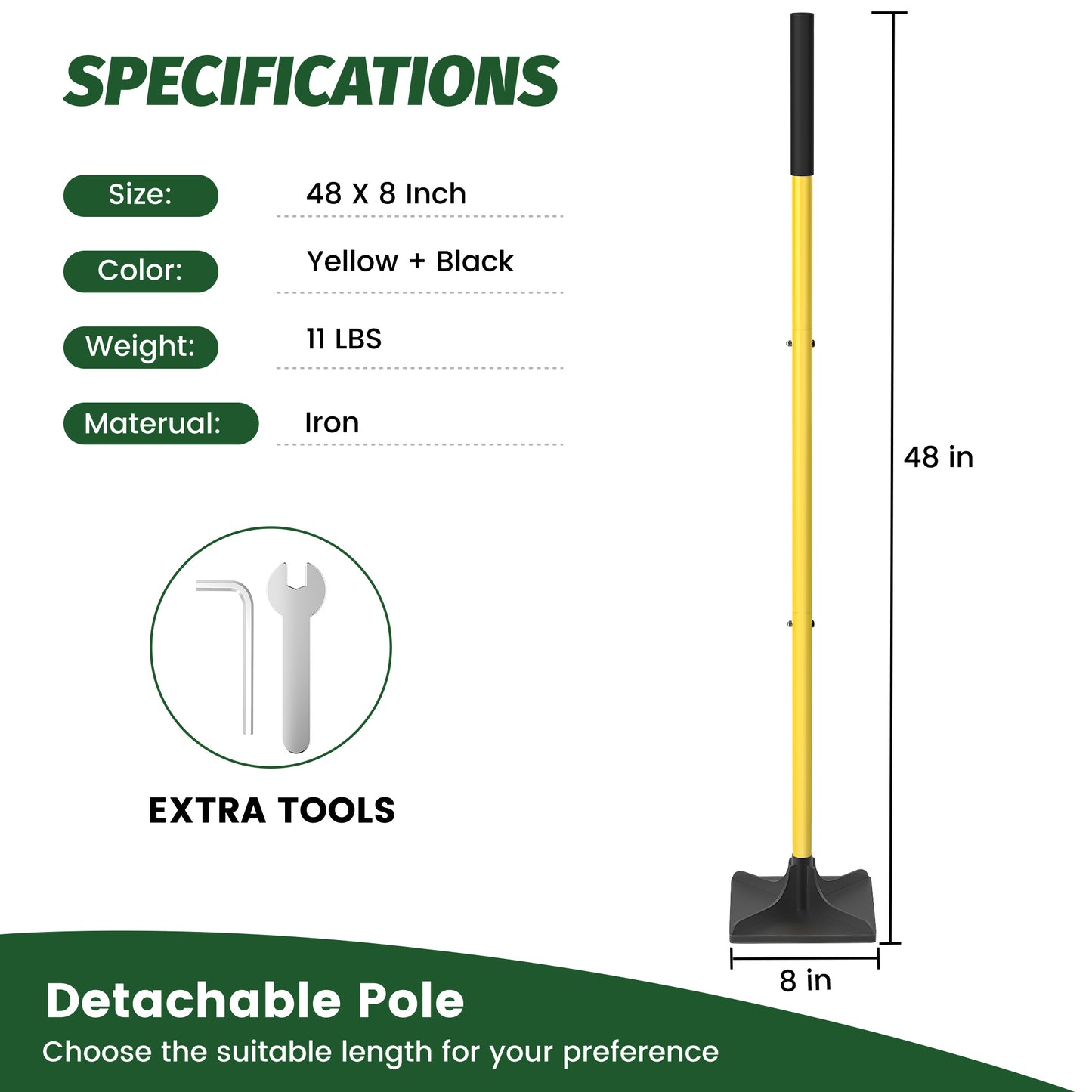 8"x8" Steel Tamper with 48" Handle, Heavy Duty Handle Tamper with Comfortable Rubber Grip, Garden Tamper Tool for Leveling Ground Gravel Soil Asphalt Sand Installing pavers and Repairin