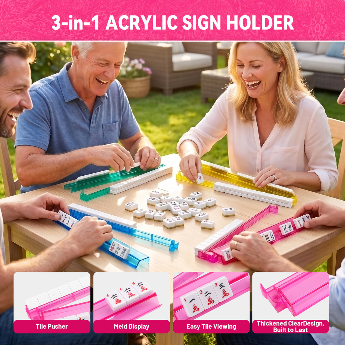 American Mahjong Set, 166 White Tiles 4 All-in-One Color Rack/Pushers Mahjong Tiles Set, Complete Travel Mahjong Set with Pink Carrying Bag