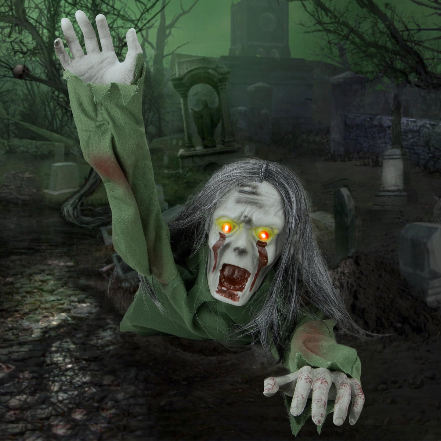 Halloween Decorations Outdoor, Halloween Scary Long Hair Glow Crawling Ghost with Lighted Eyes and Scary Sounds, Scary Halloween Decorations for Cemetery Haunted House Indoor Outdoor Lawn Patio