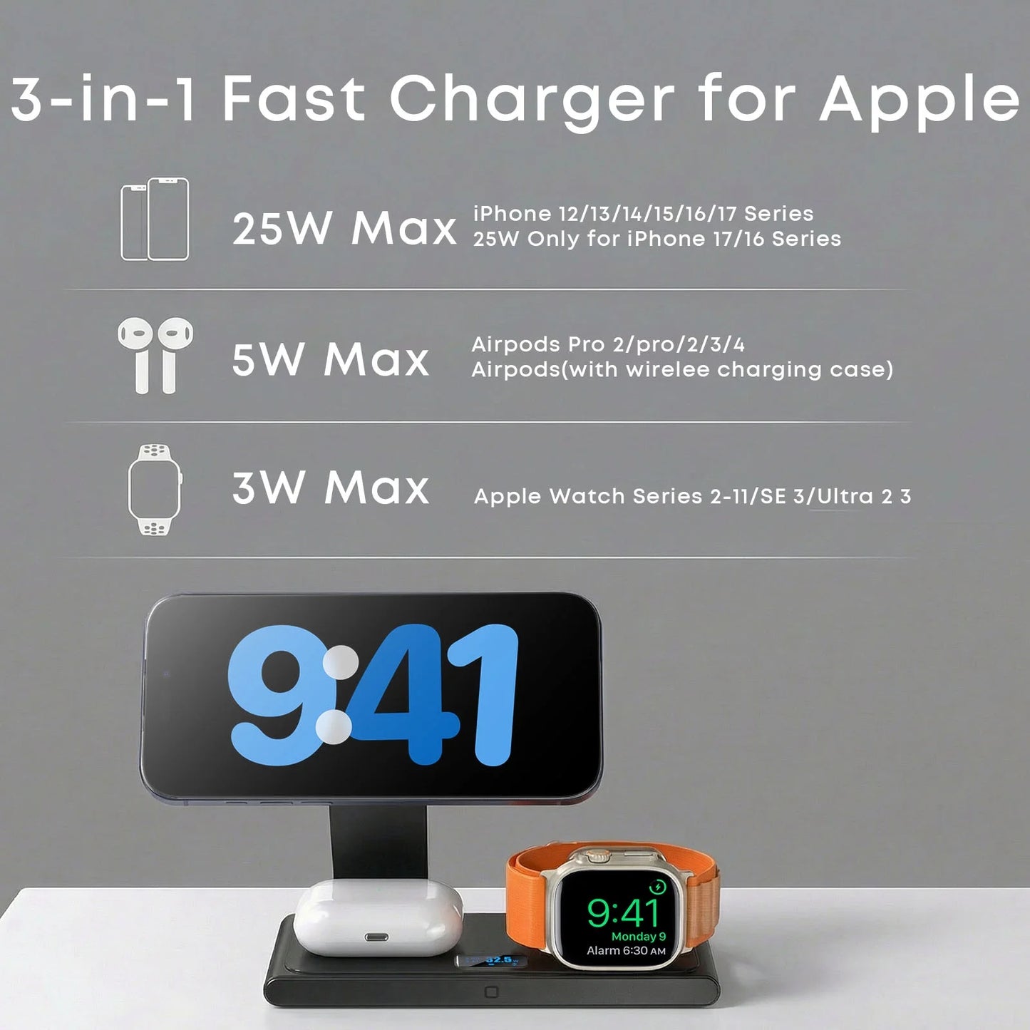 Lafati Foldable 3-in-1 Wireless Charging Station - 25W Max Fast Charger with Digital Power Display & 45W Adapter, Visible Charging Hub for iPhone 16/15/14/13 Pro Max, Apple Watch, AirPods