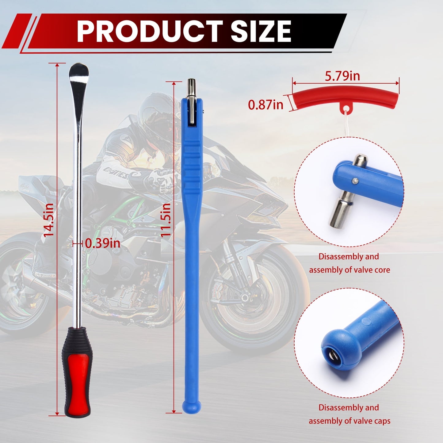 Tire Changing Tool Kit，15" Tire Spoon Kit & Tire Iron with Rim Protectors, Valve Tool & Cores for ATV, Dirt Bike, Motorcycle, 20-Piece