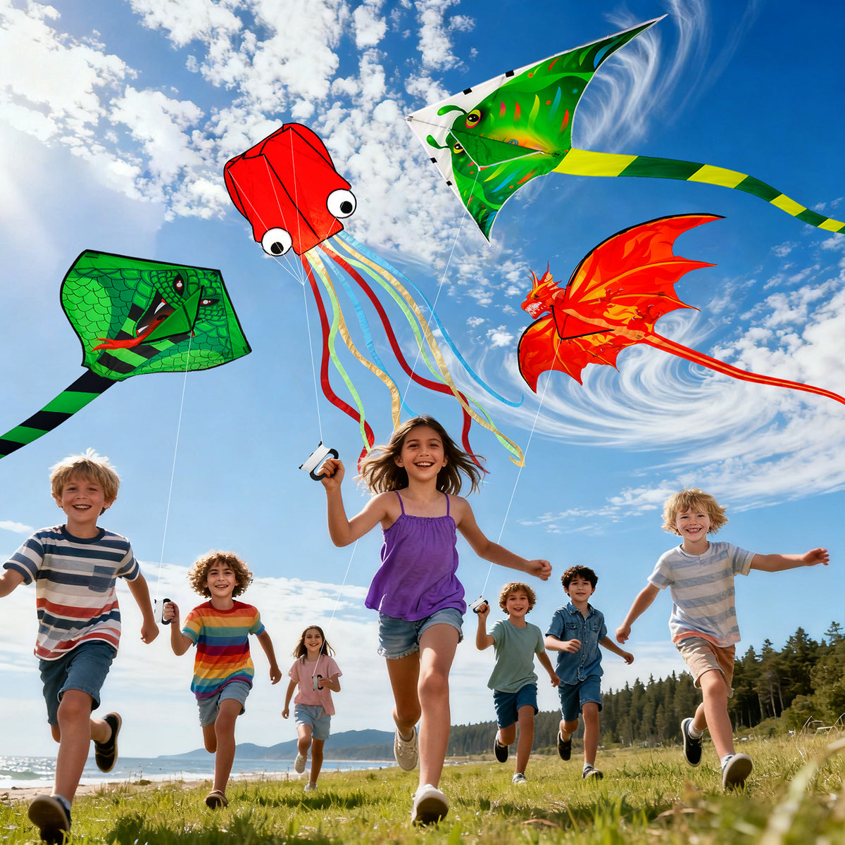 4 Pack Kites - Large Fire Dragon Kite Green Snake Kite Devil Fish Kite Red Mollusc Octopus with Long Colorful Tail for Kids Adults Outdoor Game Activities