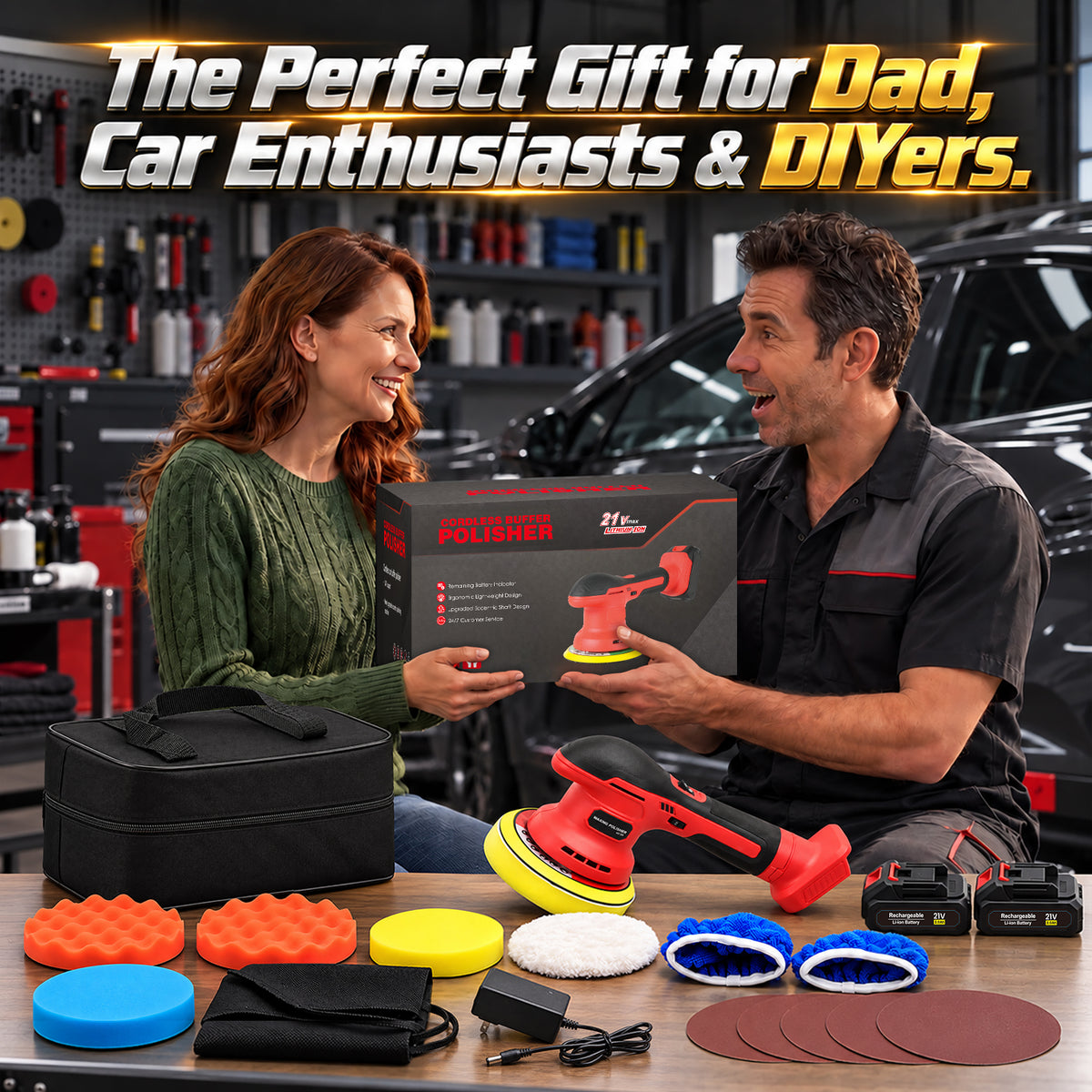 Lafati 6 inch Cordless Car Polisher Kit with 2x2000mAh 21V Batteries, 6 Variable Speeds for Car Detailing, Boat Sanding & Scratch Removal