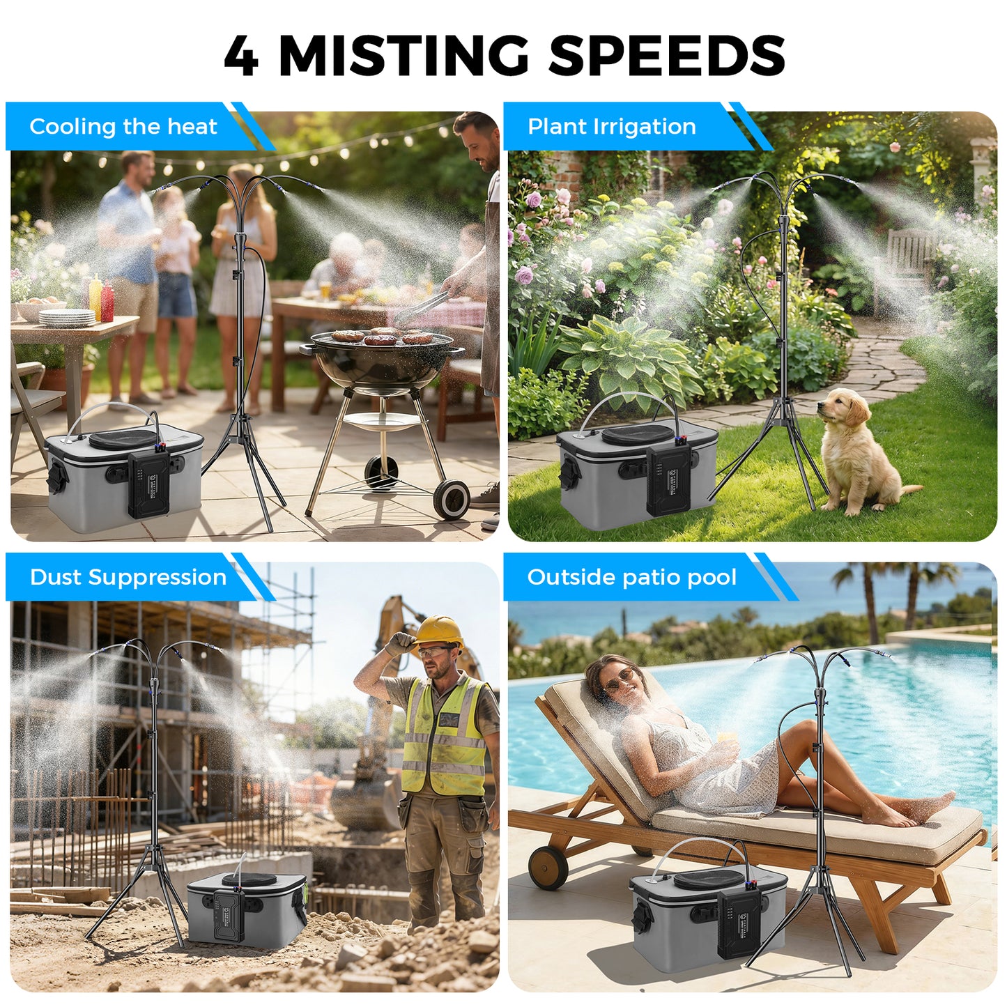Standing Misters for Outside Patio, 4Gal Portable Bucket with 10000mAh Water Cooling Misters Set – 4FT Adjustable Height for Outdoor, Beach, Pool, Water Playing, Sprinkler, Camping