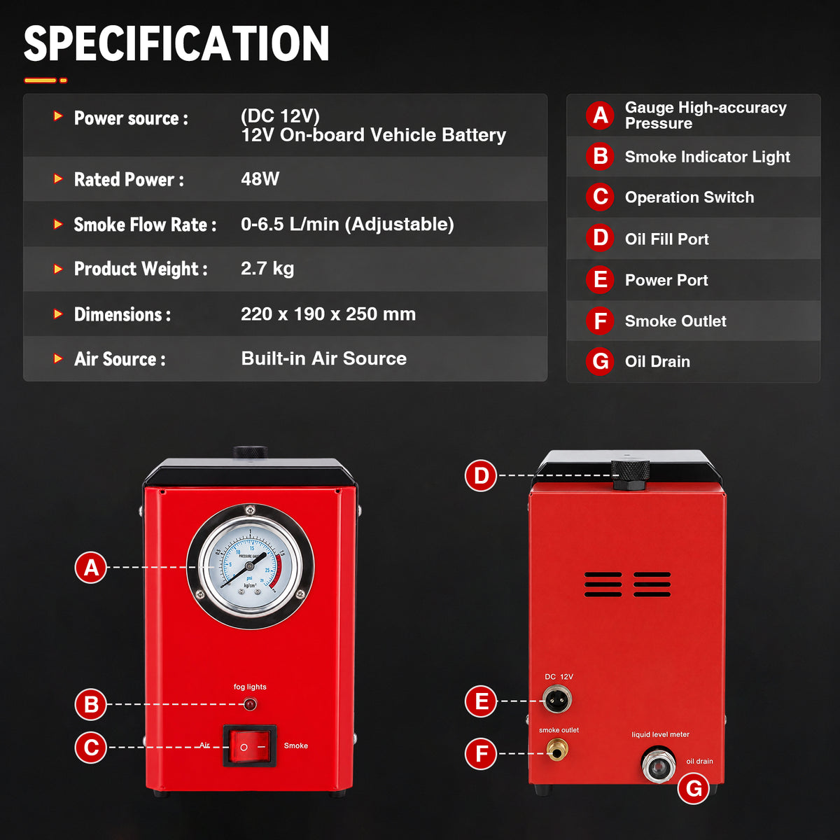 Lafati Automotive Smoke Machine, EVAP Vacuum Leak Detector, DC 12V Car Leak Machine with Pressure Gauge, Portable Leak Diagnostic Tester for Cars Motorcycles Trucks