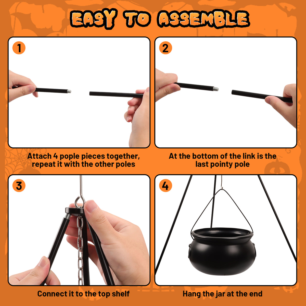 Halloween Decorations Bundle - 130cm/51.2" Tall Witches Cauldron, 3pcs Hanging Ghosts, 60cm Skeleton, Skull Ornament, 3 Ground Stakes, 4 Hooks - Indoor Outdoor Yard Porch Lawn Party Supplies
