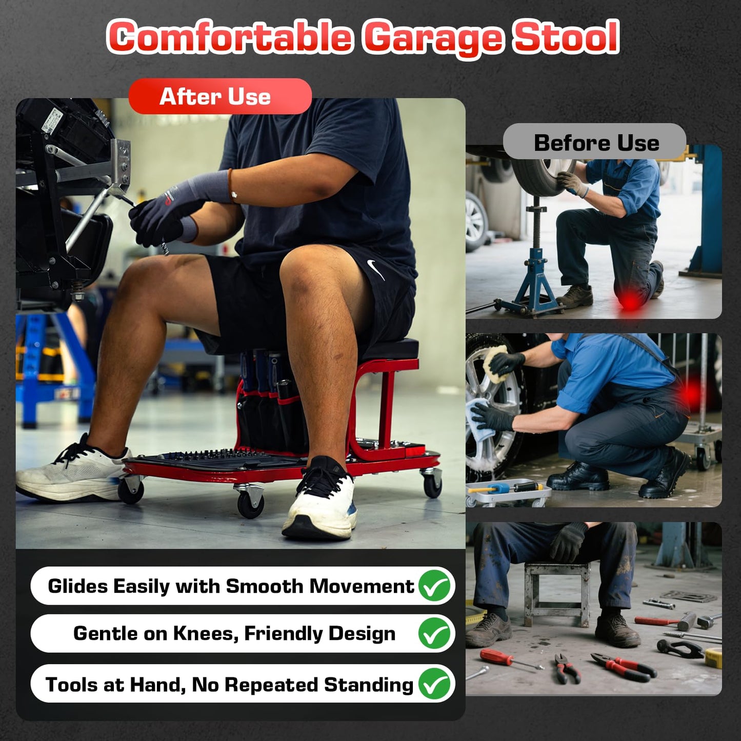 Lafati Rolling Shop Stool with Wheels – 300 lbs Capacity Mechanic Garage Stool, Auto Detailing Seat with Tool Bag & Tray, 6 Swivel Wheels + 2 Replacements, Red