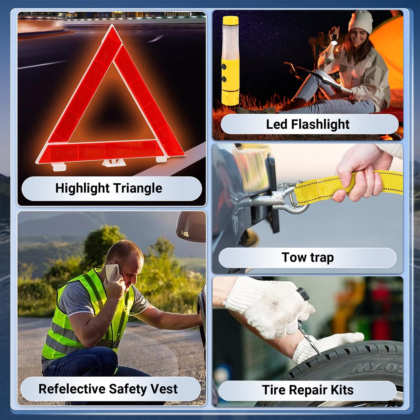 Roadside Emergency Car Kit, Car Emergency Kit with Jumper Cables, Portable Air Compressor, Tow Strap, Tool Kit, Reflective Warning for Trianglefor Travel Camping