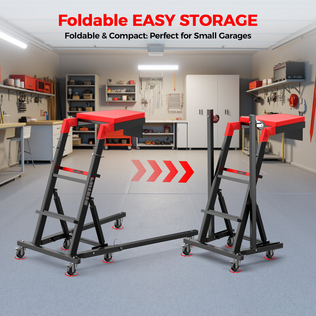 Foldable Topside Creeper, Automotive Engine Creeper with 45”-66” Adjustable Height, 400LBS Capacity High Top Automotive Creeper with 4 Swivel Caster Wheels and Cushions for Garage, Shop, Auto Repair