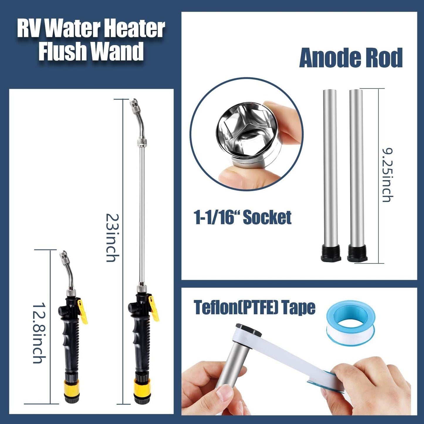 RV Water Heater Anode Rod & Flush Wand Kit, 9.25"L x 3/4"NPT Thread Magnesium Rod for Suburban, Mor-Flo, Water Flusher with Metal Tube, with Hex Wrench Removal Tool, Extends RV Tank Life