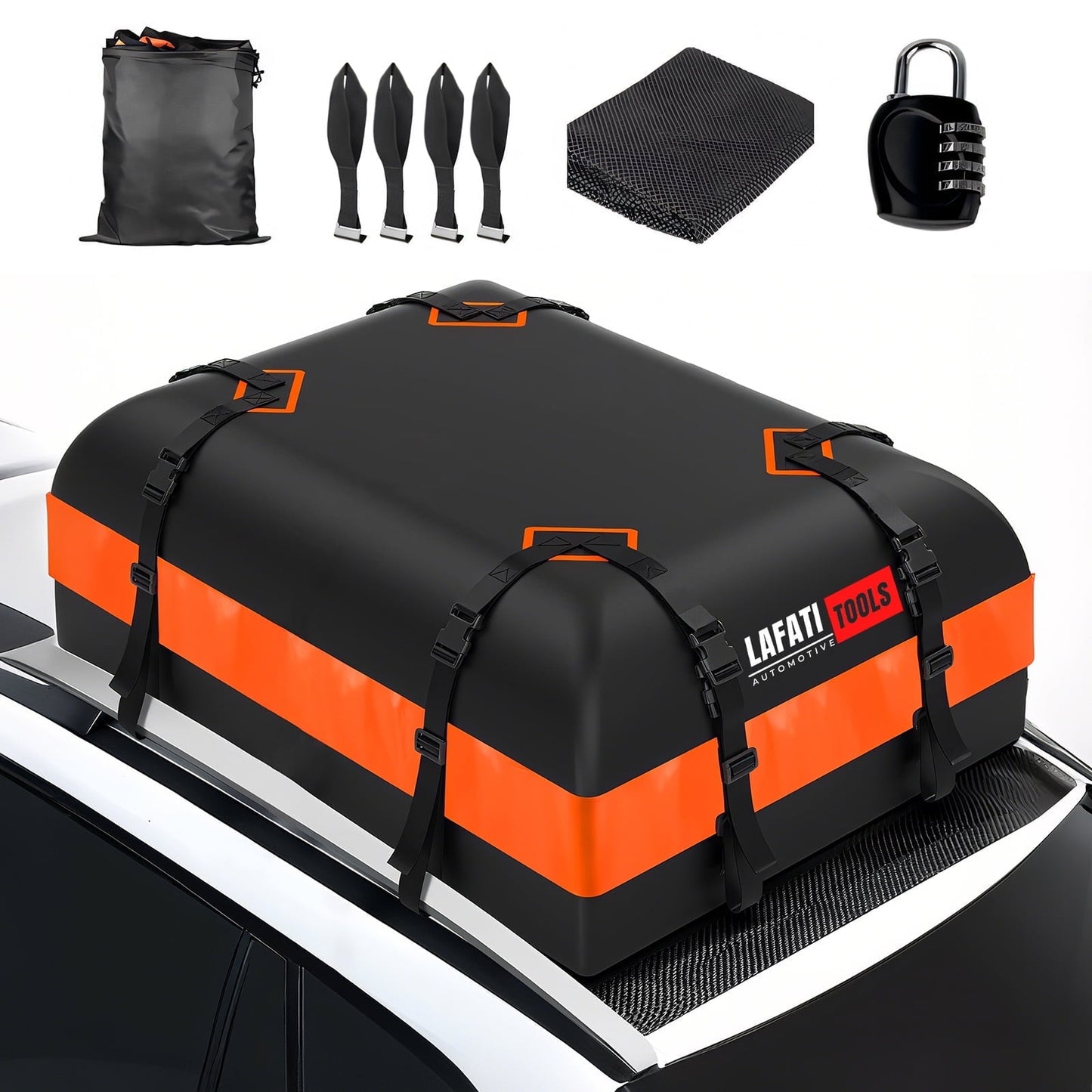 Car Rooftop Cargo Carrier - 15Cubic feet, 100% Waterproof Heavy Duty 840D Car Roof Bag for All Vehicles with/Without Racks -Slip Mat + Reinforced Straps +4 Door Hooks + Luggage Lock