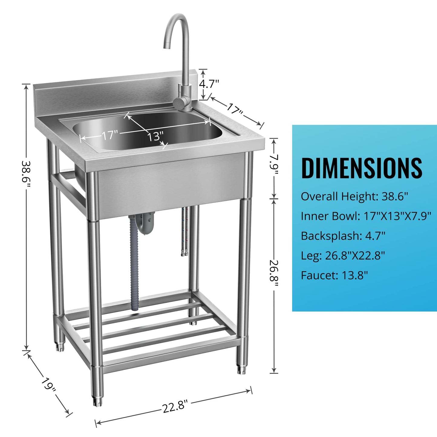 Utility Sink - Stainless Steel Free-Standing Single-Bowl Sink with Hot and Cold Water Pipes for Laundry, Bathroom, and Farmhouse