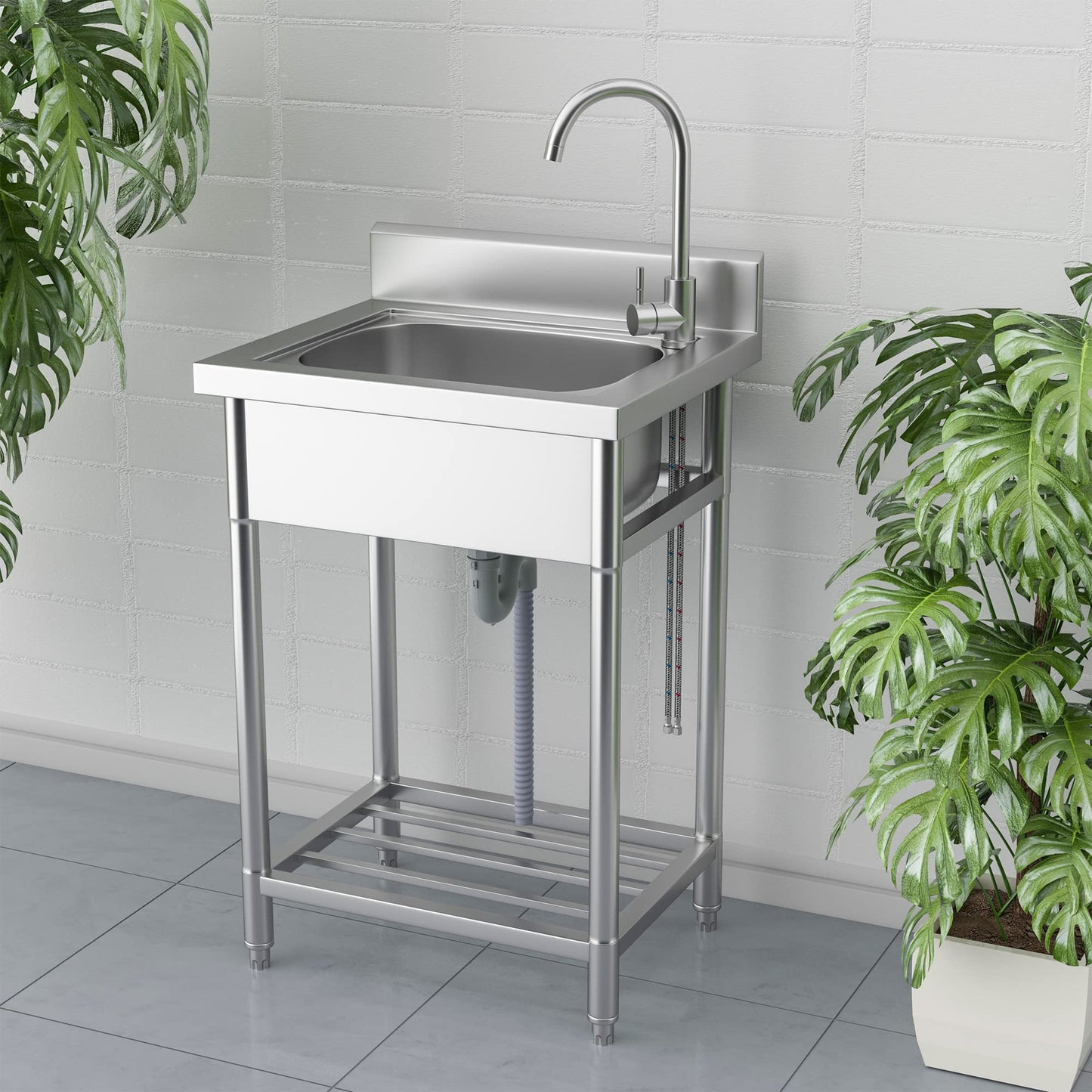 Utility Sink - Stainless Steel Free-Standing Single-Bowl Sink with Hot and Cold Water Pipes for Laundry, Bathroom, and Farmhouse